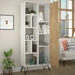 Libreria Lince, 79x32 h190 cm, Bianco e Quercia<Dmora Shop