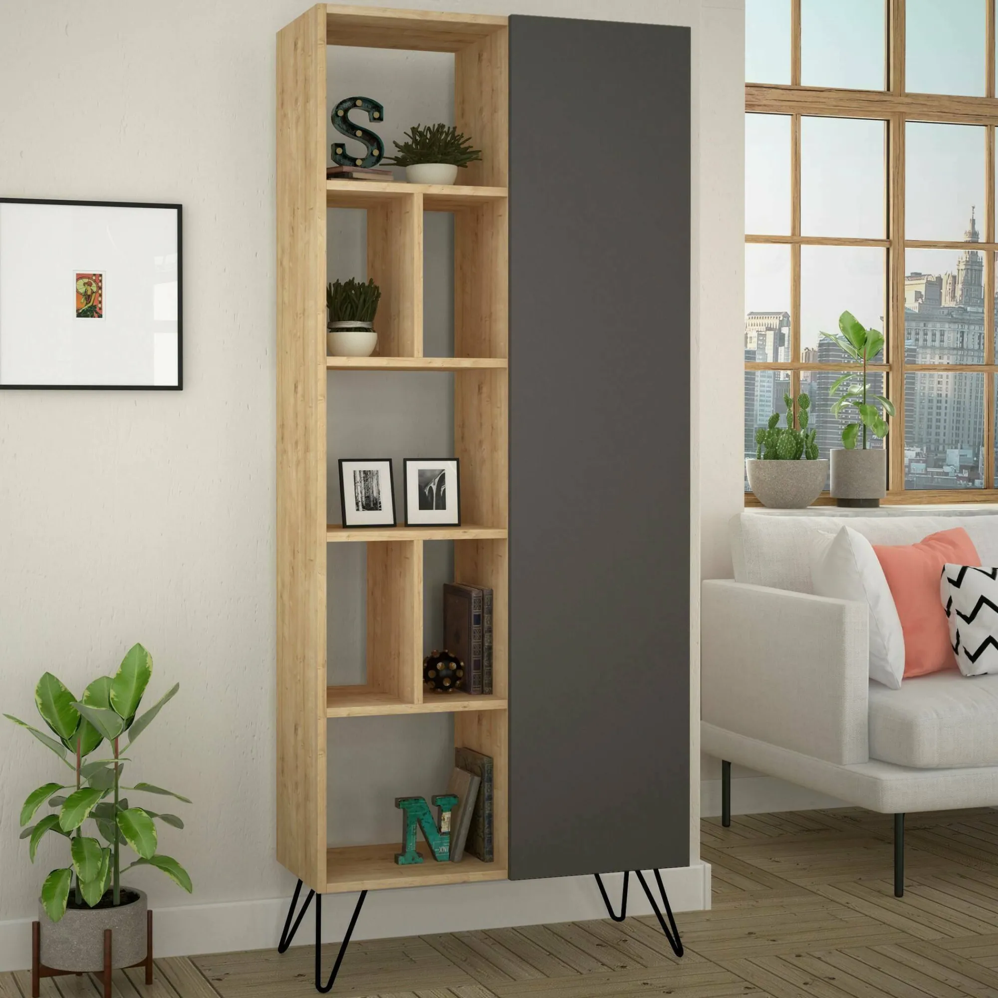 Libreria Lince, 79x32 h190 cm, Quercia e Antracite<Dmora Outlet