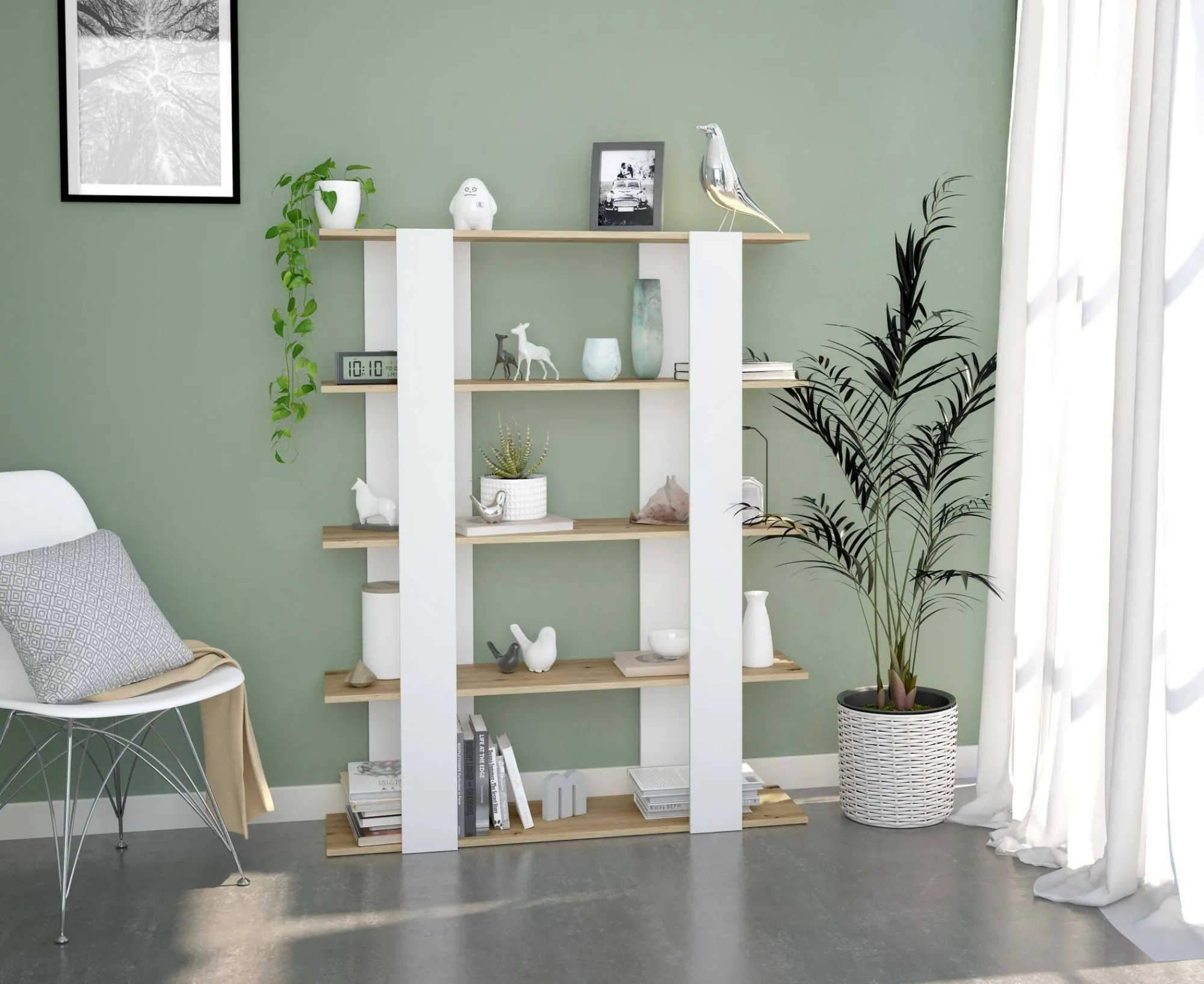 Libreria Madreperla, 108x31h136 cm, Rovere Nodi e Bianco lucido<Dmora Online