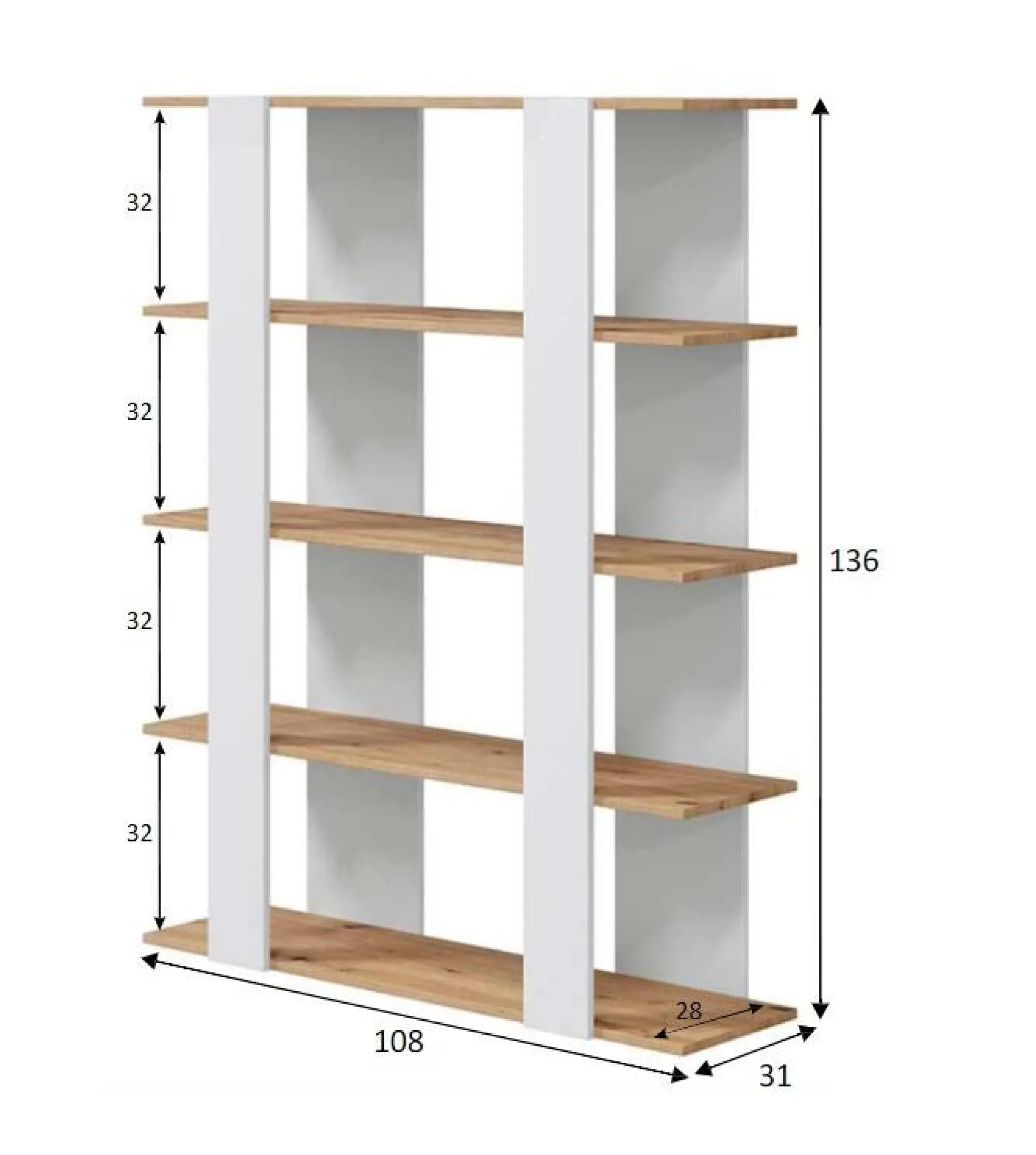 Libreria Madreperla, 108x31h136 cm, Rovere Nodi e Bianco lucido<Dmora Online