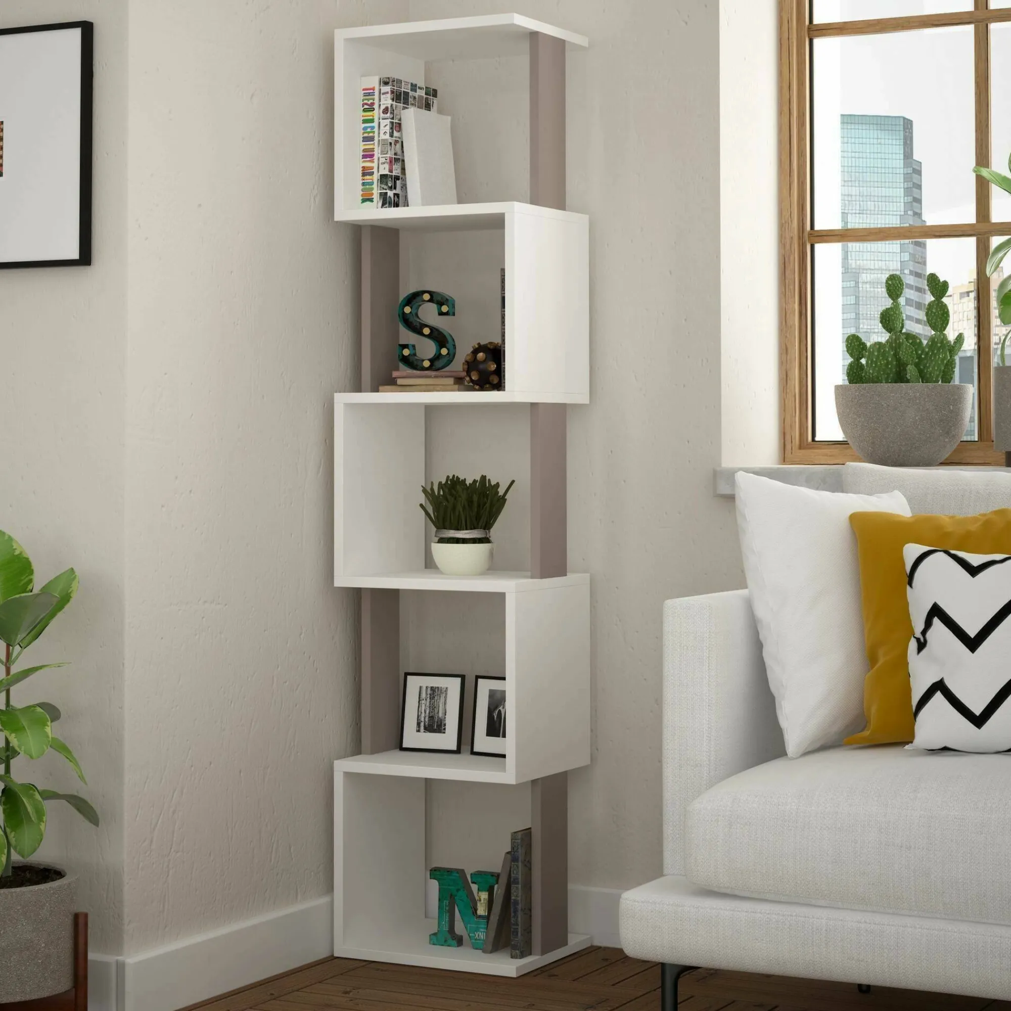 Libreria Nada, 35x30h161 cm, Bianco e Tortora<Dmora Best