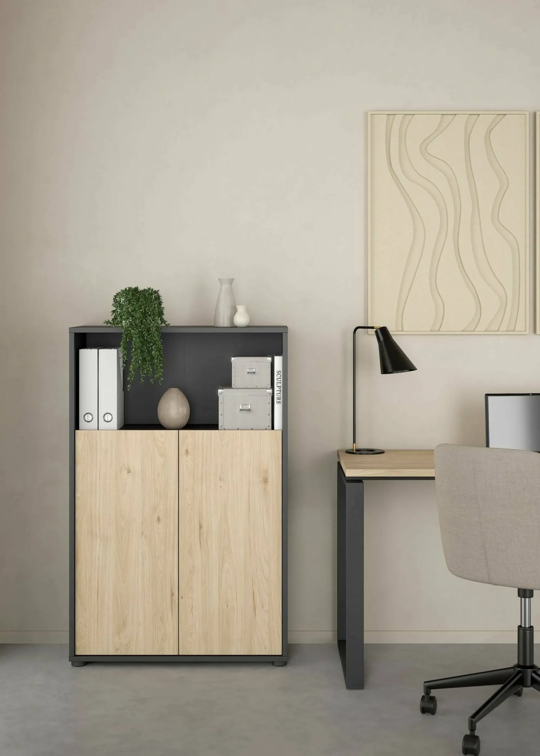 Libreria Perrine, Scaffale da ufficio, Mobile portalibri, Biblioteca, 34x80 h124 cm, Rovere e Grigio<Dmora Sale