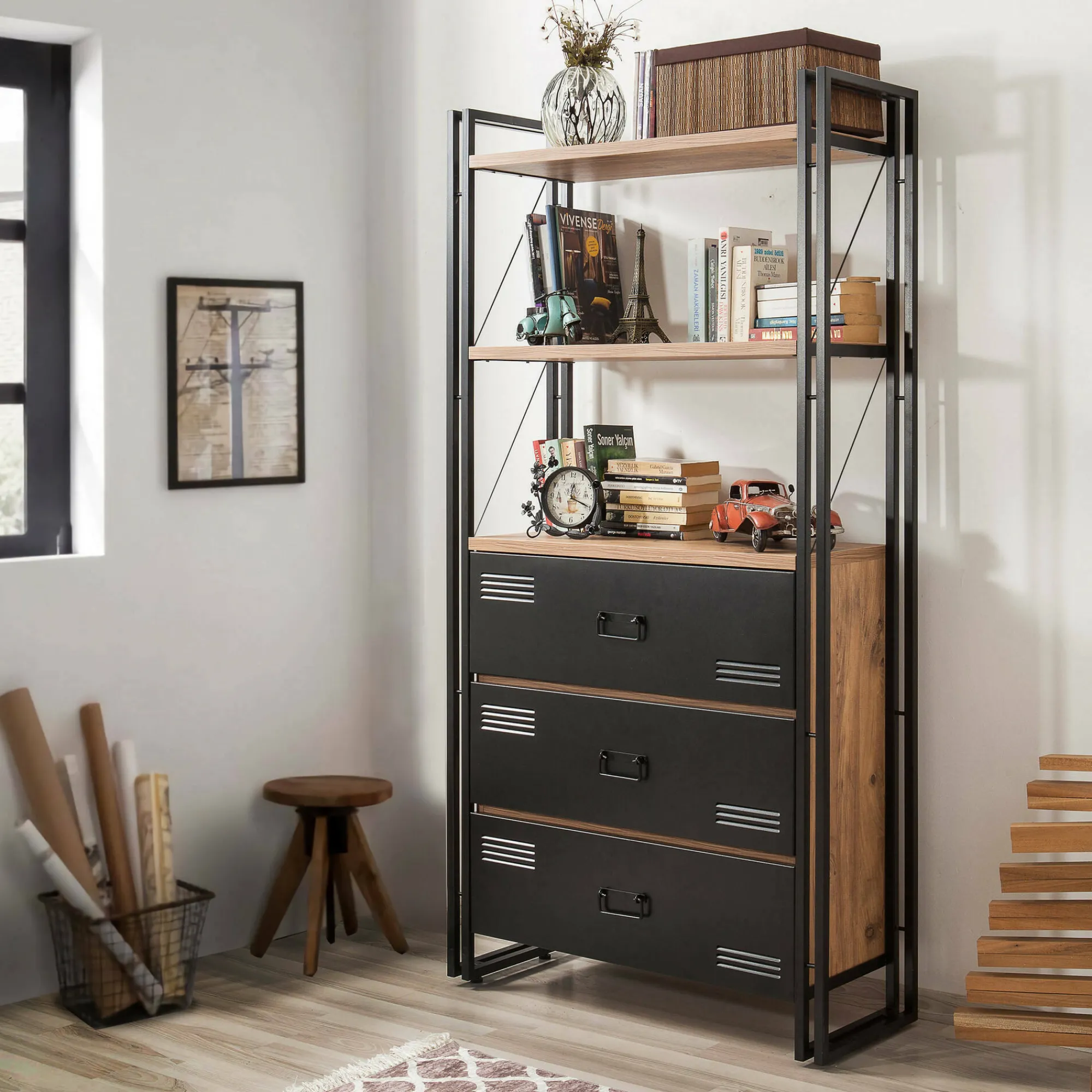Libreria Podul, 90x35 h180 cm, Quercia e Nero<Dmora Clearance
