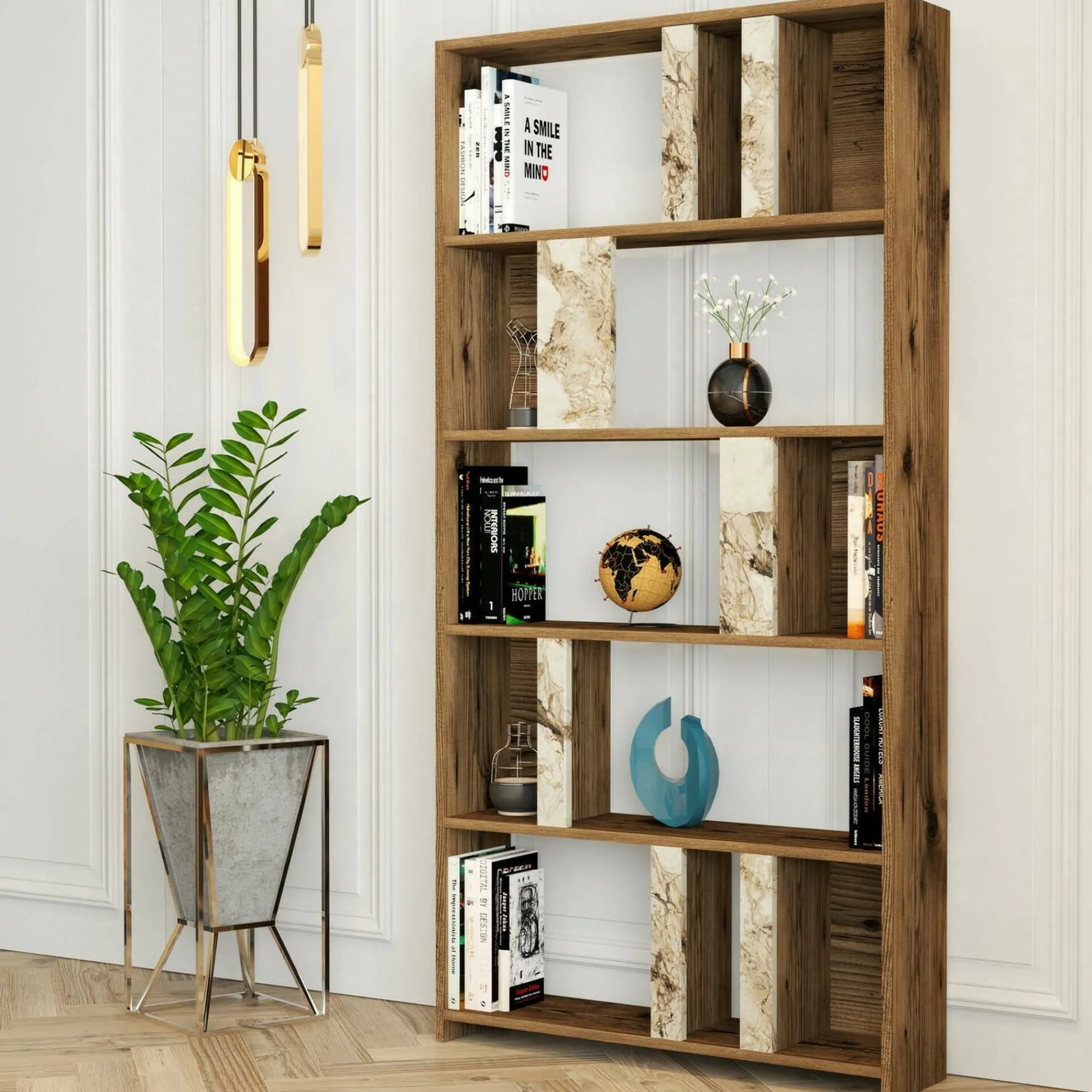 Libreria Scapolita, 90x20h180 cm, Noce e Bianco Marmo<Dmora Sale