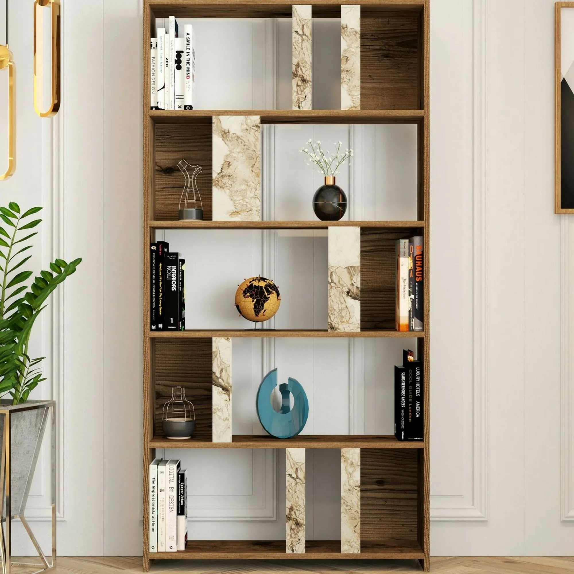 Libreria Scapolita, 90x20h180 cm, Noce e Bianco Marmo<Dmora Sale