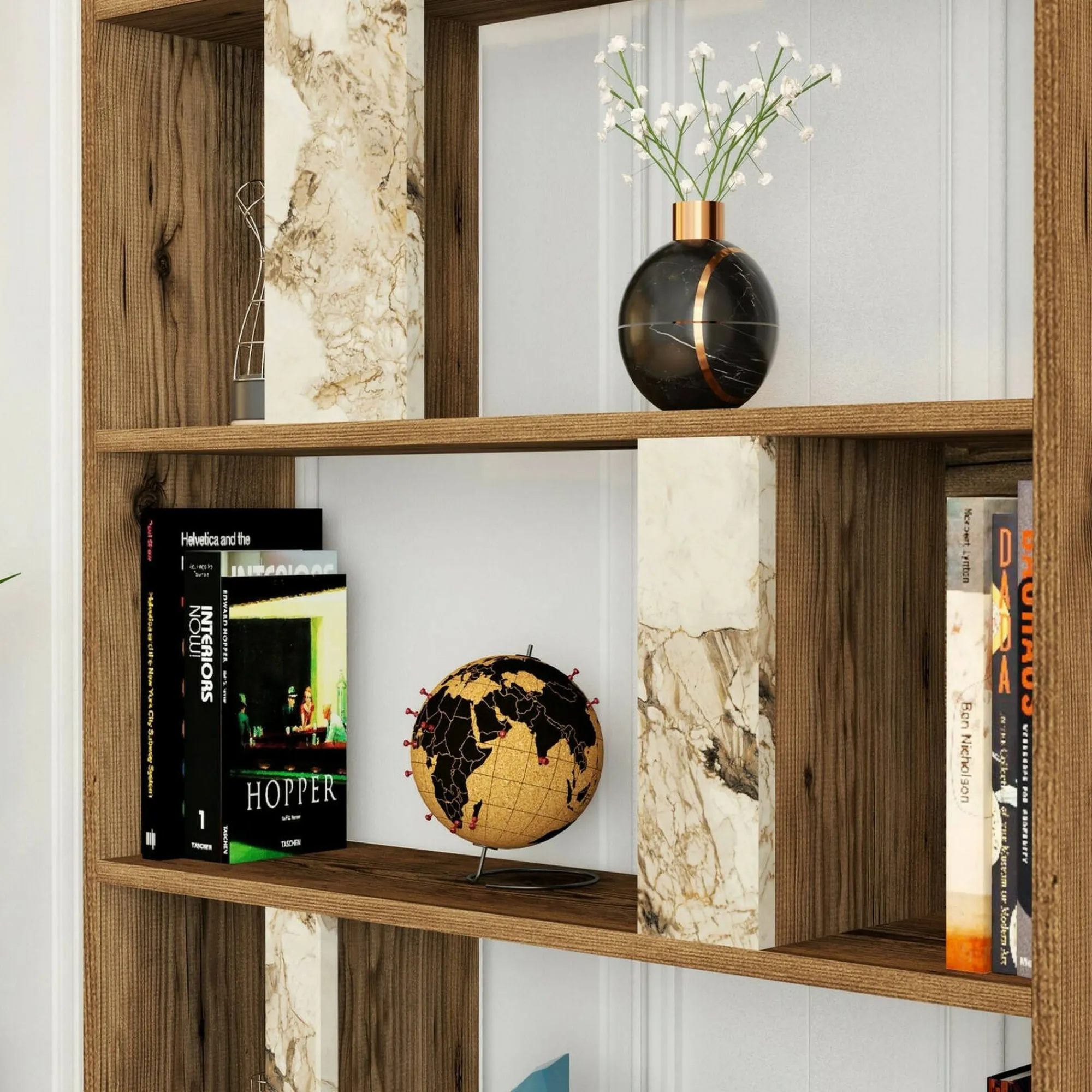 Libreria Scapolita, 90x20h180 cm, Noce e Bianco Marmo<Dmora Sale
