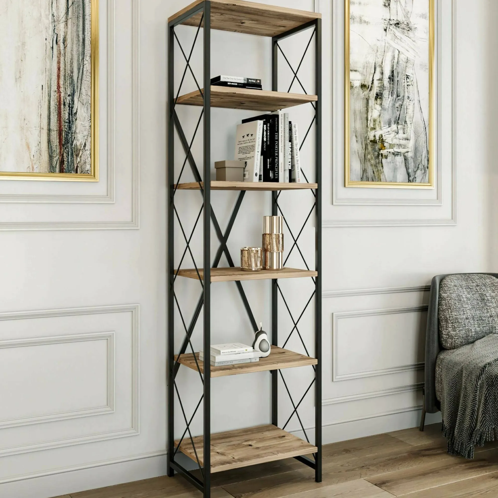 Libreria Yara, 50x30h180 cm, Quercia e Nero<Dmora Best Sale