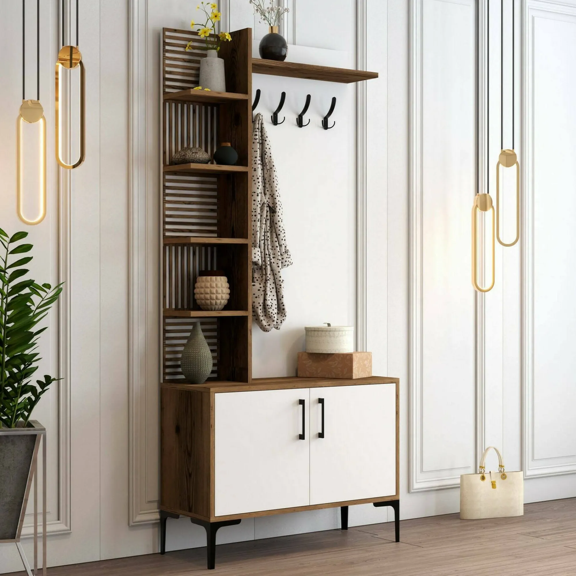 Mobile da ingresso Anja, 90x35h200 cm, Noce e Bianco<Dmora Best Sale