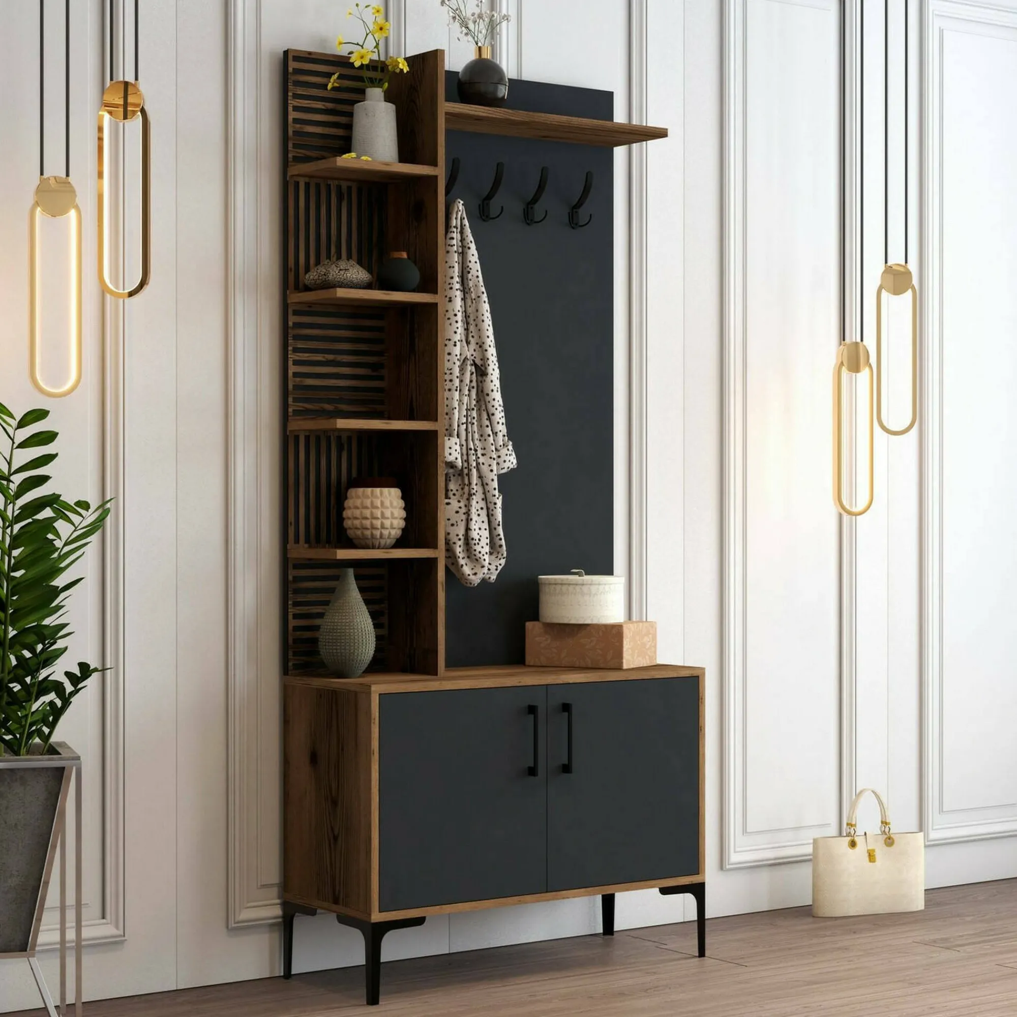 Mobile da ingresso Anja, 90x35h200 cm, Noce e Antracite<Dmora Outlet