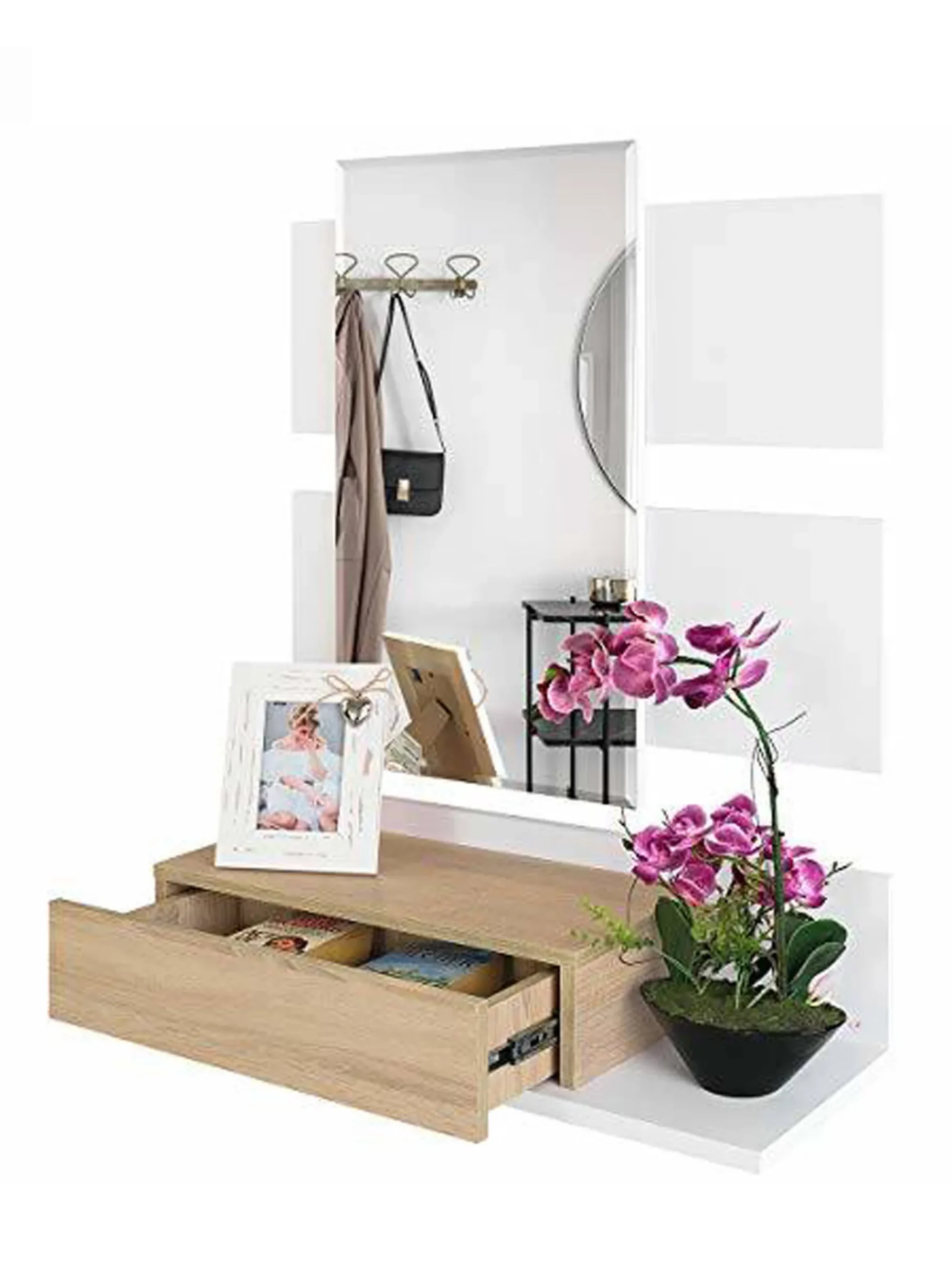 Mobile da ingresso Anro, 75x29h90 cm, Bianco lucido e Noce<Dmora Cheap