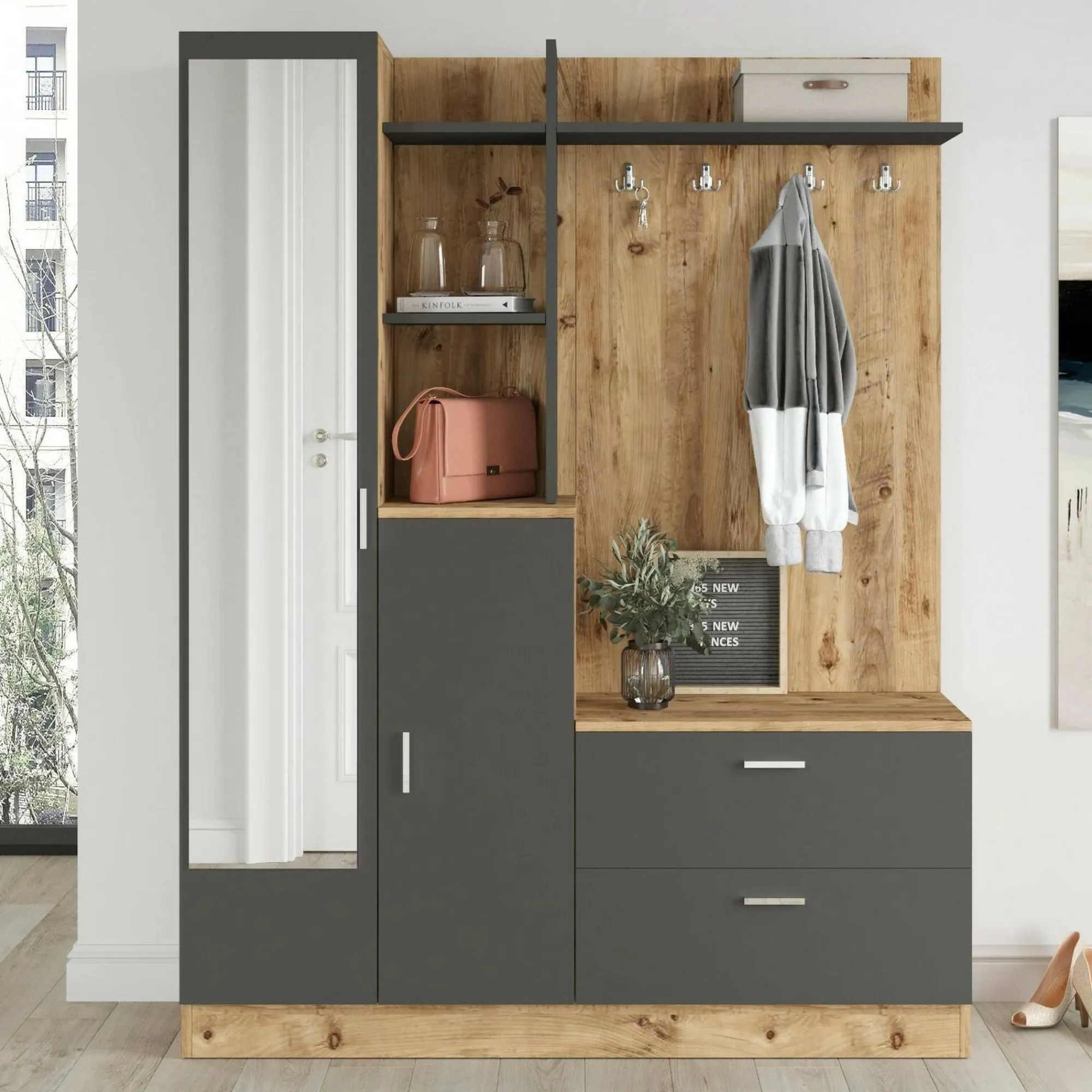 Mobile da ingresso Anumali, 140x37h182 cm, Quercia e Antracite<Dmora Fashion