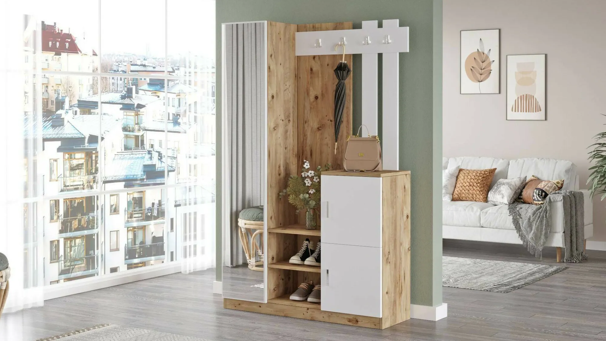 Mobile da ingresso Arco, 114x38h180 cm, Quercia e Bianco<Dmora Discount