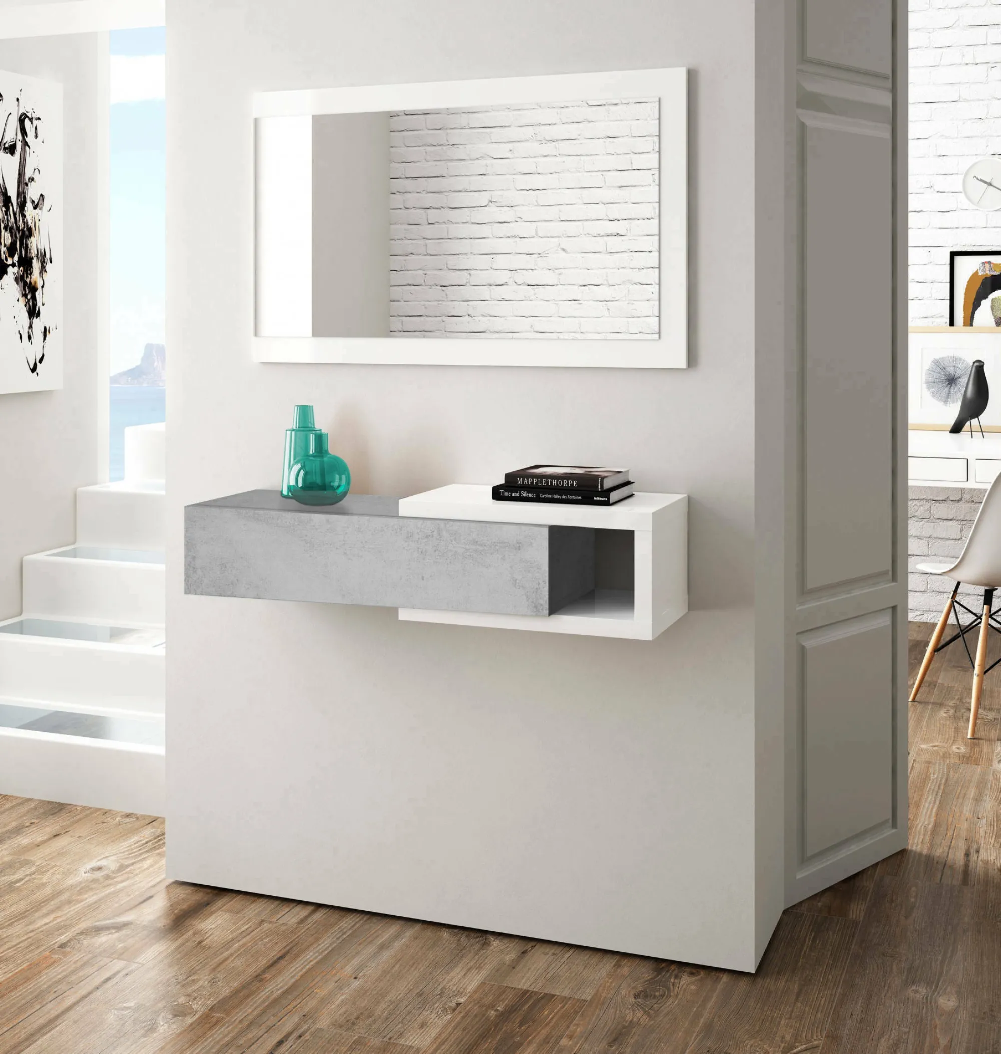 Mobile da ingresso Arty, 95x26h69 cm, Bianco e Cemento<Dmora Online