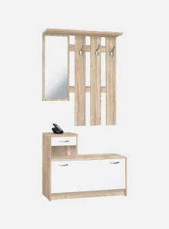 Mobile da ingresso con specchiera, entratina per atrio con scarpiera, Svuotatasche per piccoli appartamenti, cm 100x25h180, colore Bianco e Rovere<Dmora Best Sale