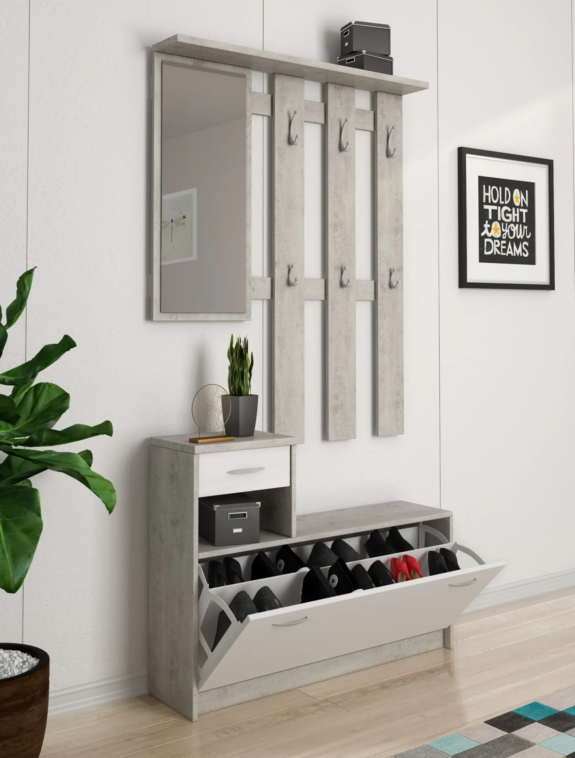 Mobile da ingresso Daa, 100x26h190 cm, Bianco e Cemento<Dmora Fashion