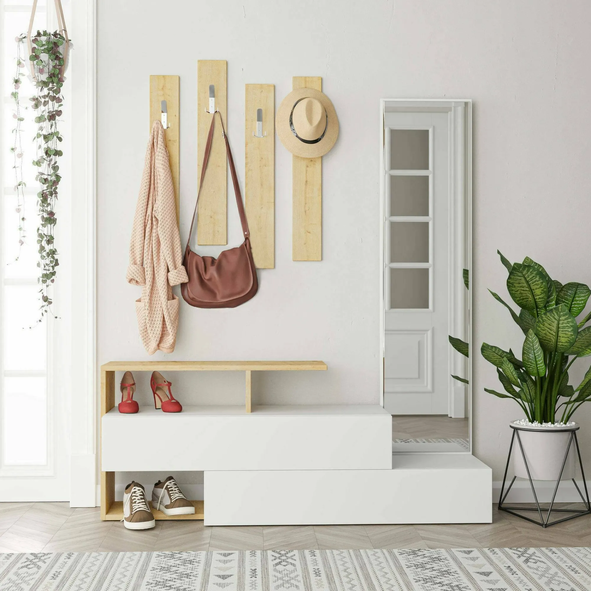 Mobile da ingresso Dmartíne, 137x35h55 cm, Bianco e Rovere<Dmora Sale