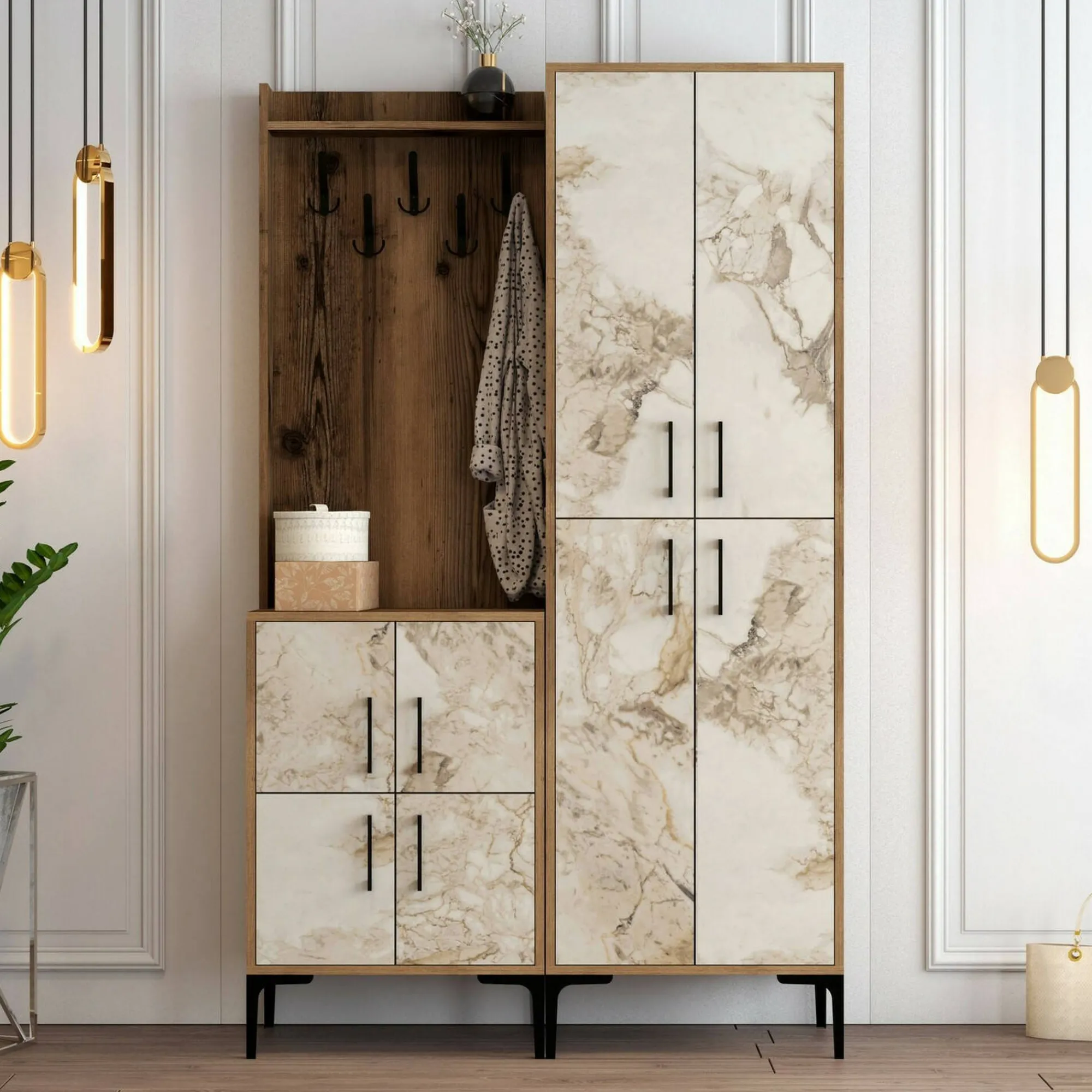 Mobile da ingresso Eufemia, 120x35h200 cm, Noce e Bianco Marmo<Dmora Outlet