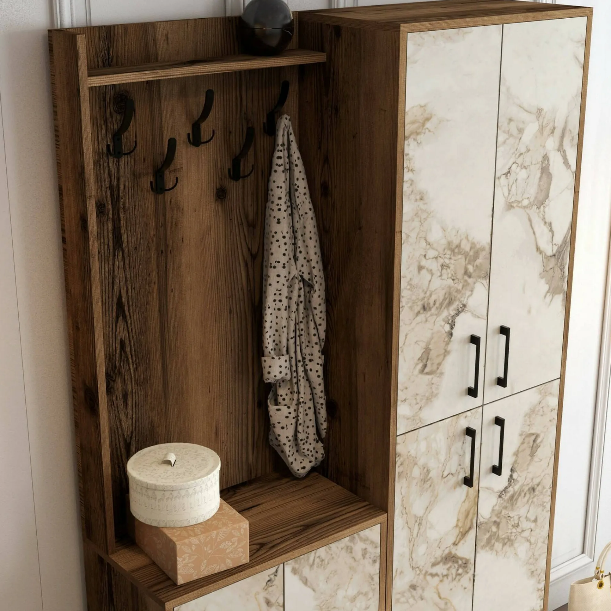 Mobile da ingresso Eufemia, 120x35h200 cm, Noce e Bianco Marmo<Dmora Outlet