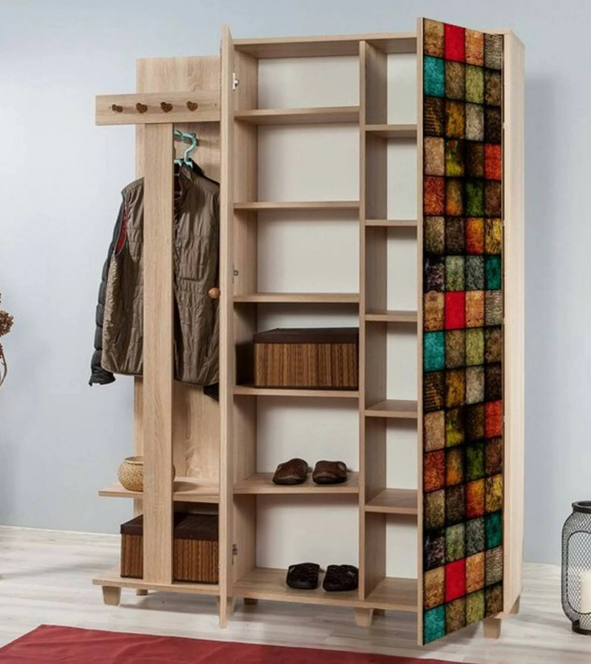 Mobile da ingresso Liana, 135x36h194 cm, Quercia e Multicolore<Dmora Cheap
