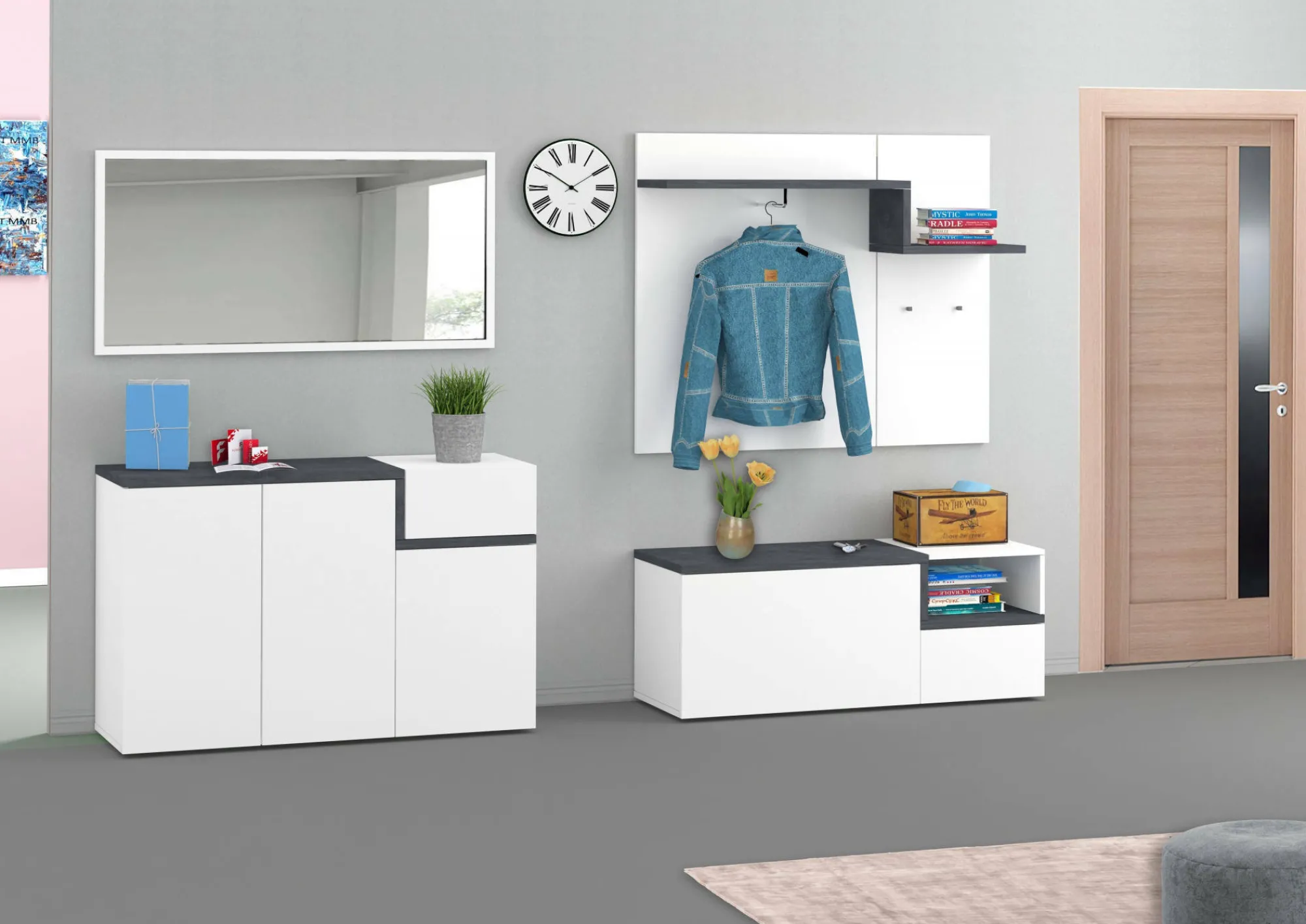 Mobile da ingresso Mugello, cm 120x30h100, Bianco lucido e Ardesia<Dmora Clearance