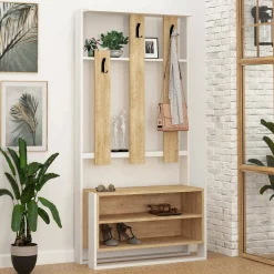 Mobile da ingresso Toraji, 90x36 h180 cm, Bianco e Quercia<Dmora Outlet