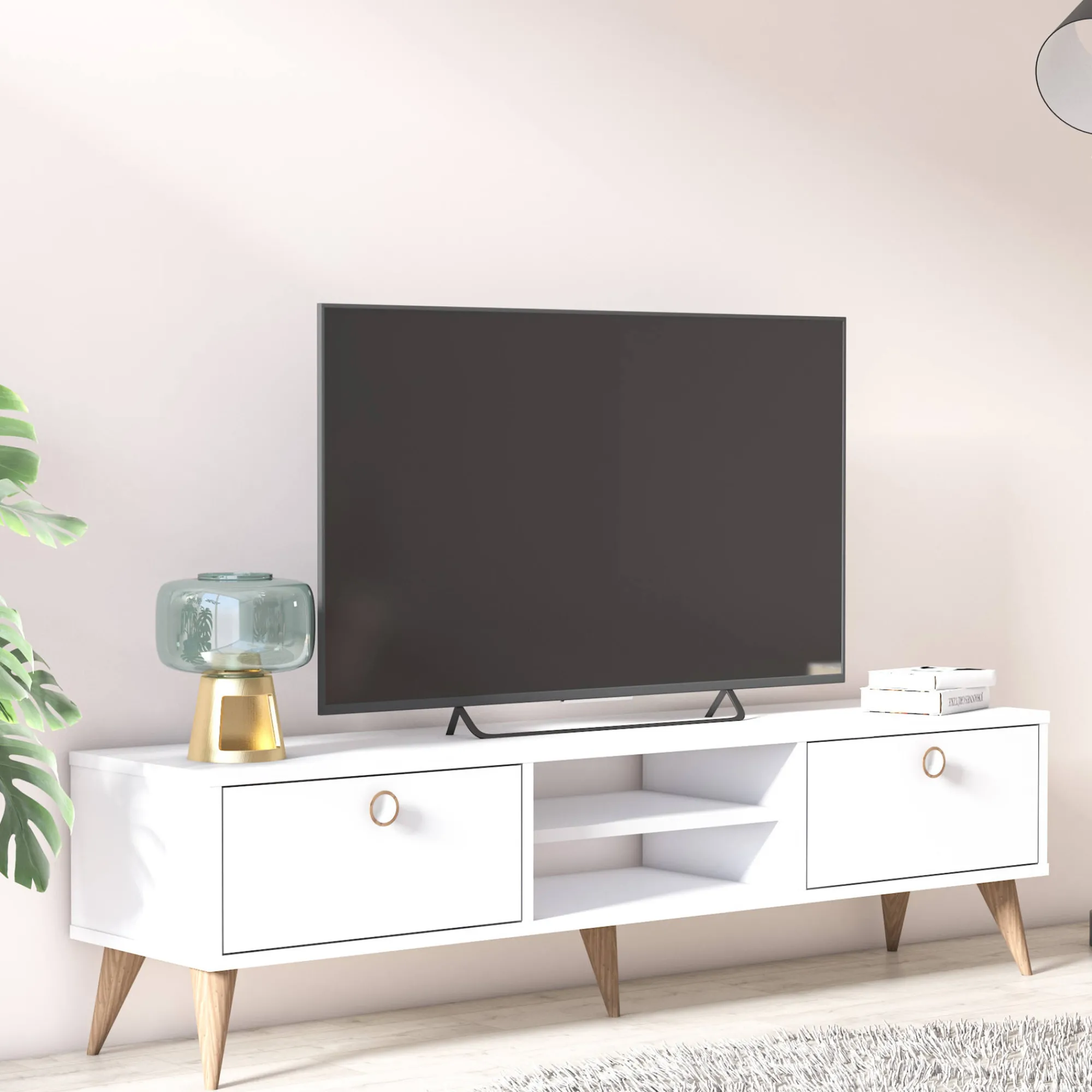 Mobile da soggiorno porta TV con due antine e due vani centrali, cm 152 x 35 x 40, colore<Dmora Online