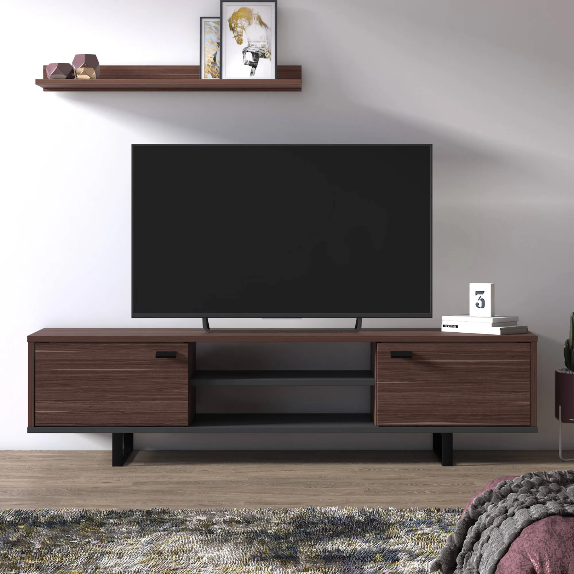 Mobile da soggiorno porta TV con due ante e due ripiani, cm 150 x 35 x 44, colore e antracite<Dmora Flash Sale