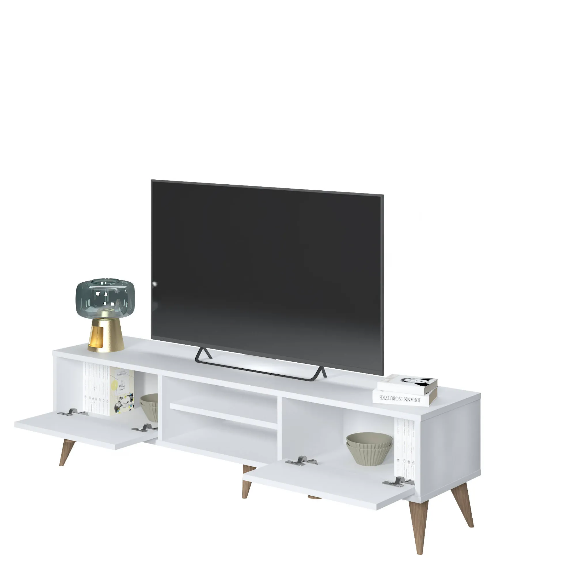 Mobile da soggiorno porta TV con due antine e due vani centrali, cm 152 x 35 x 40, colore<Dmora Online