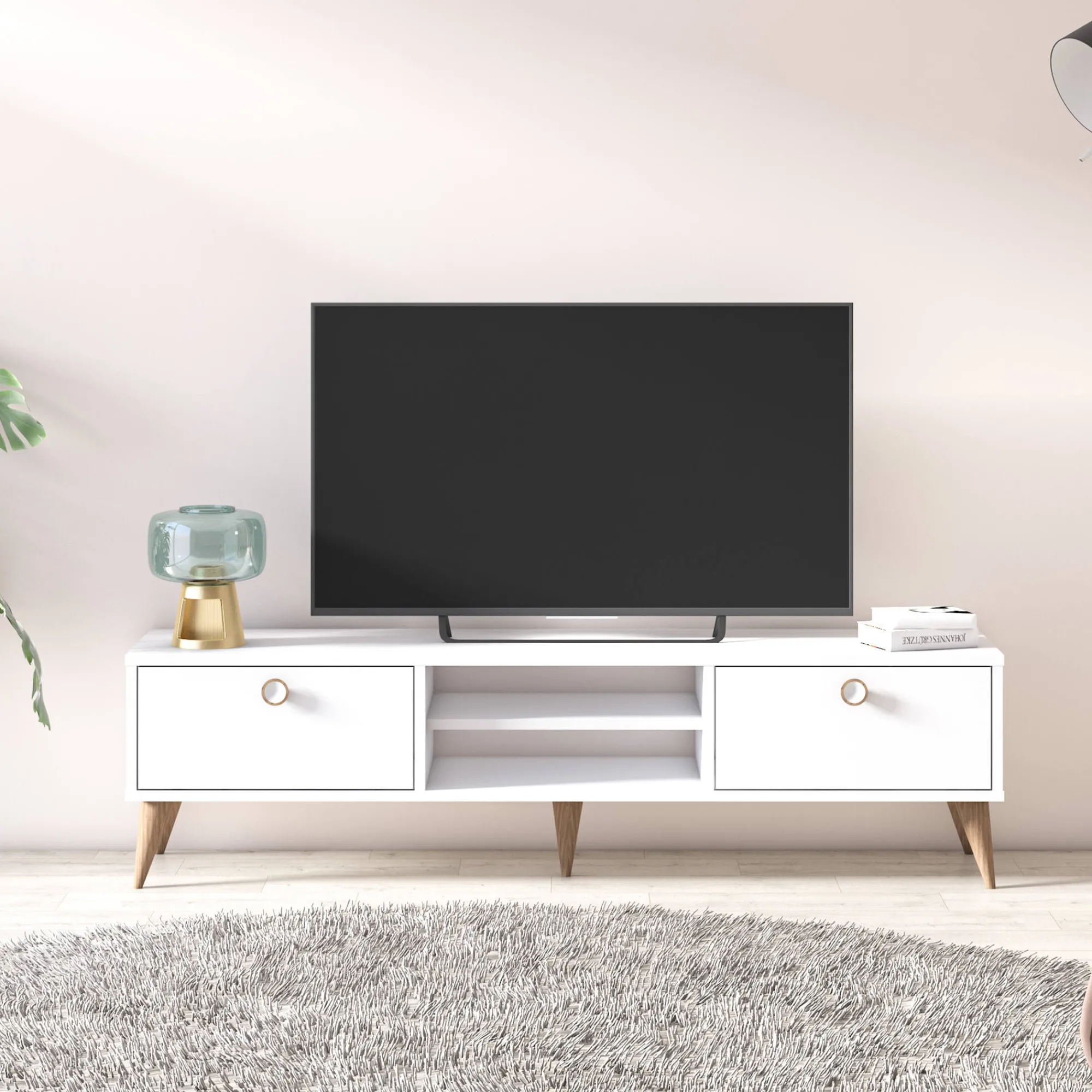 Mobile da soggiorno porta TV con due antine e due vani centrali, cm 152 x 35 x 40, colore<Dmora Cheap
