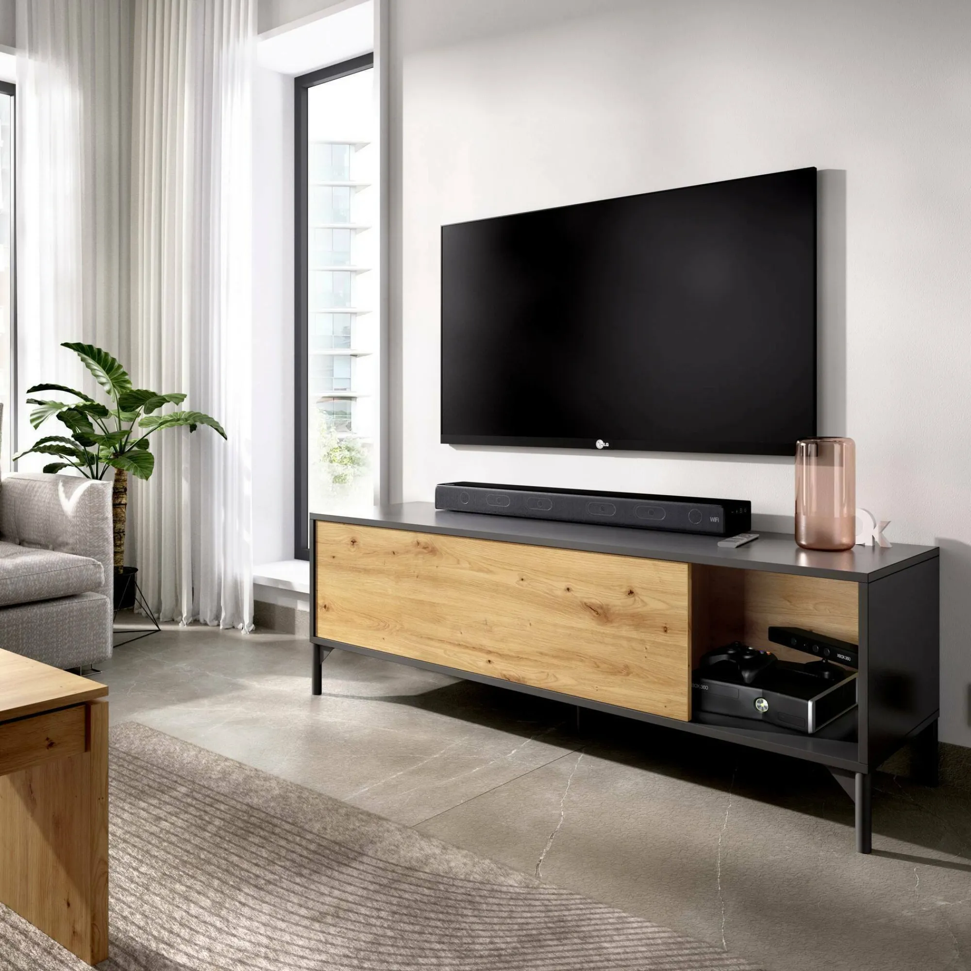 Mobile porta TV Abcd, 132x39h44 cm, Rovere Nodi e Antracite<Dmora Shop