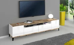 Mobile porta TV Abina, cm 200x40h47, Bianco lucido e Acero<Dmora Outlet