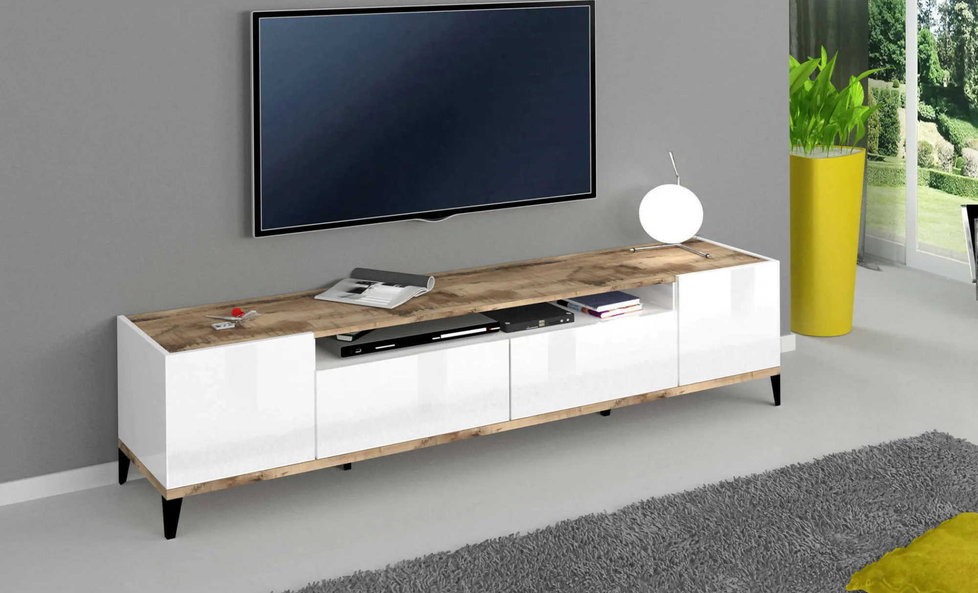 Mobile porta TV Abina, cm 200x40h47, Bianco lucido e Acero<Dmora Outlet