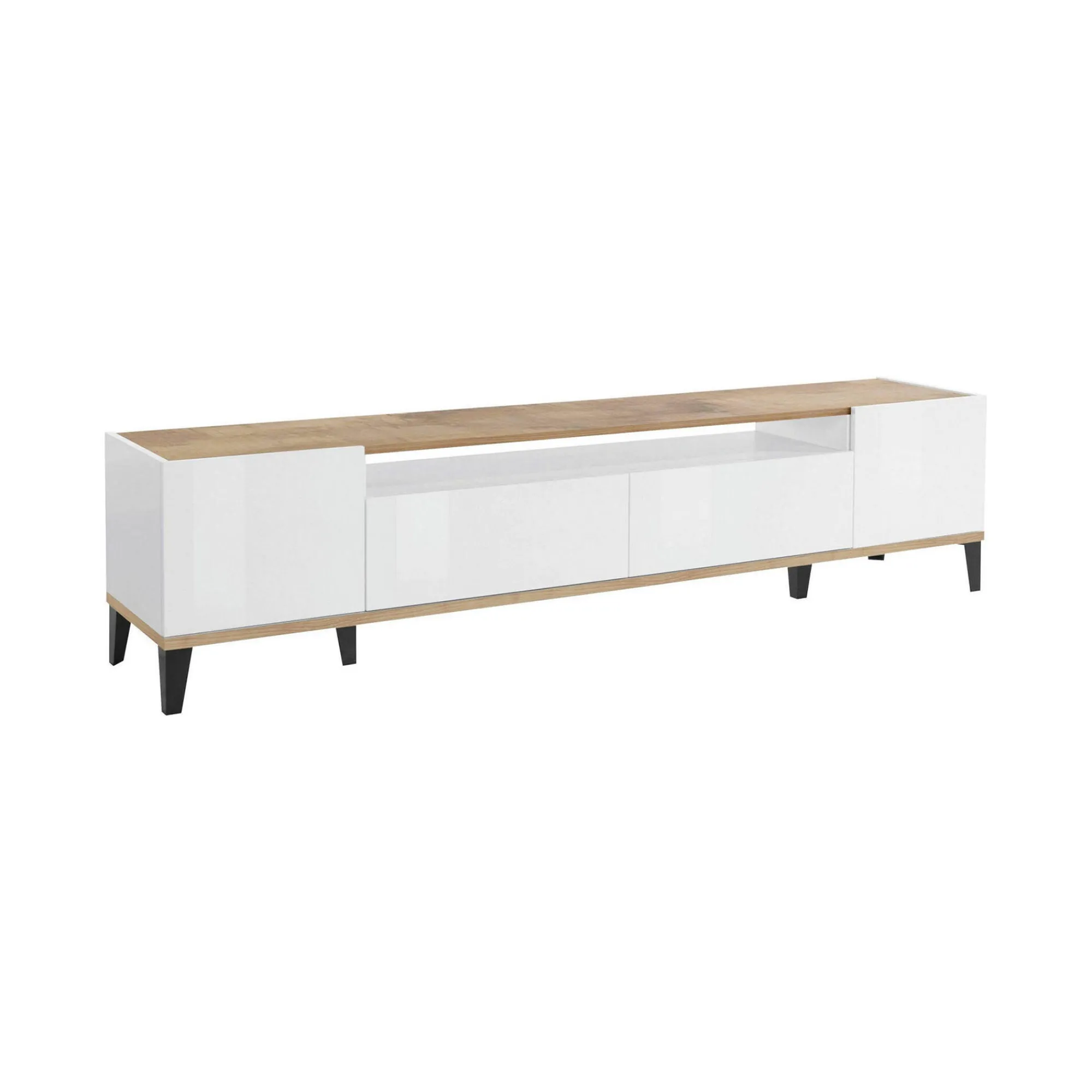Mobile porta TV Abina, cm 200x40h47, Bianco lucido e Acero<Dmora Outlet
