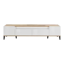 Mobile porta TV Abina, cm 200x40h47, Bianco lucido e Acero<Dmora Outlet