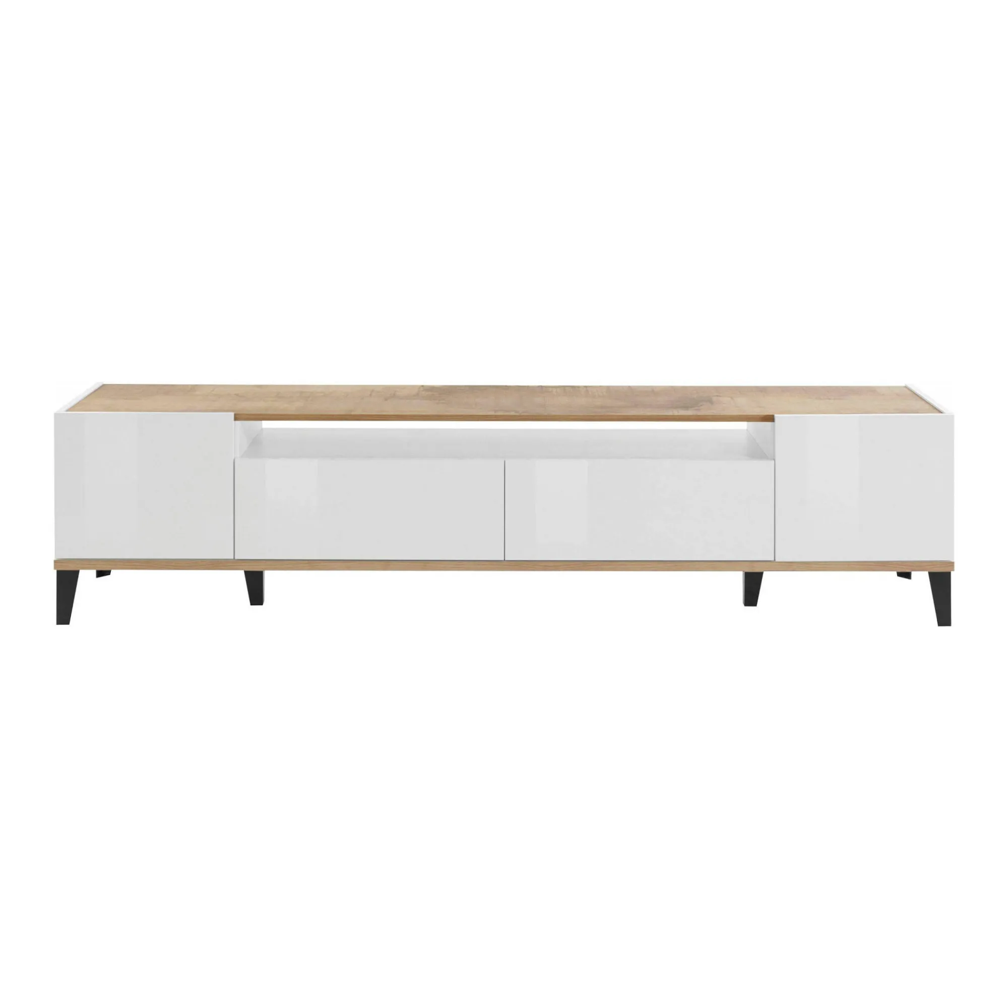 Mobile porta TV Abina, cm 200x40h47, Bianco lucido e Acero<Dmora Outlet