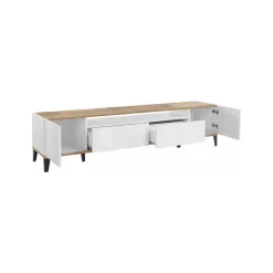 Mobile porta TV Abina, cm 200x40h47, Bianco lucido e Acero<Dmora Outlet