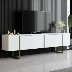 Mobile porta TV Abishia, 180x30h50 cm, Bianco e Oro<Dmora Cheap