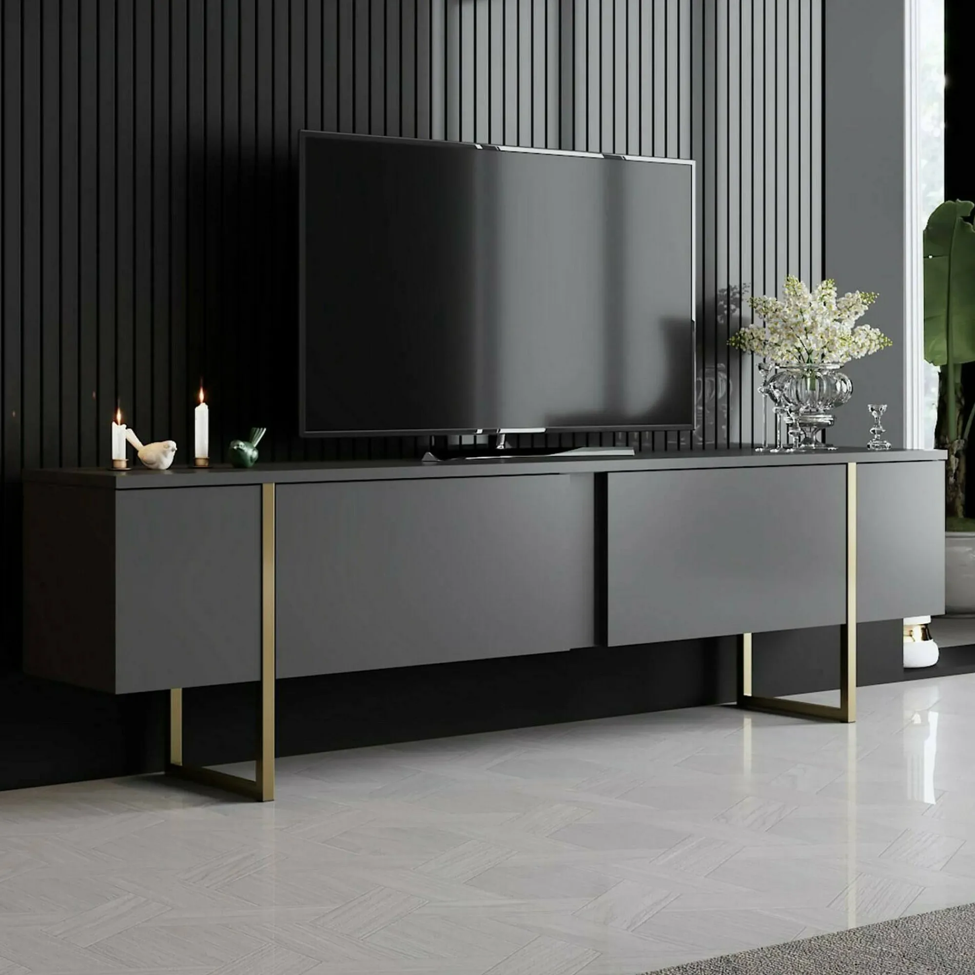 Mobile porta TV Abishia, 180x30h50 cm, Antracite e Oro<Dmora Fashion