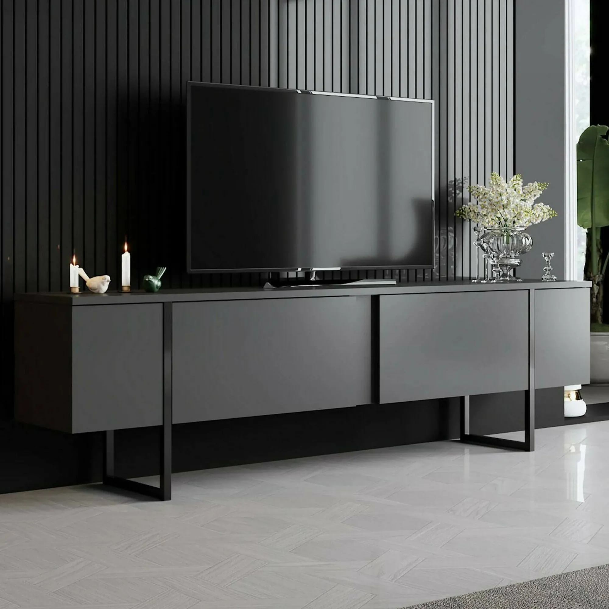 Mobile porta TV Abishia, 180x30h50 cm, Antracite e Nero<Dmora New
