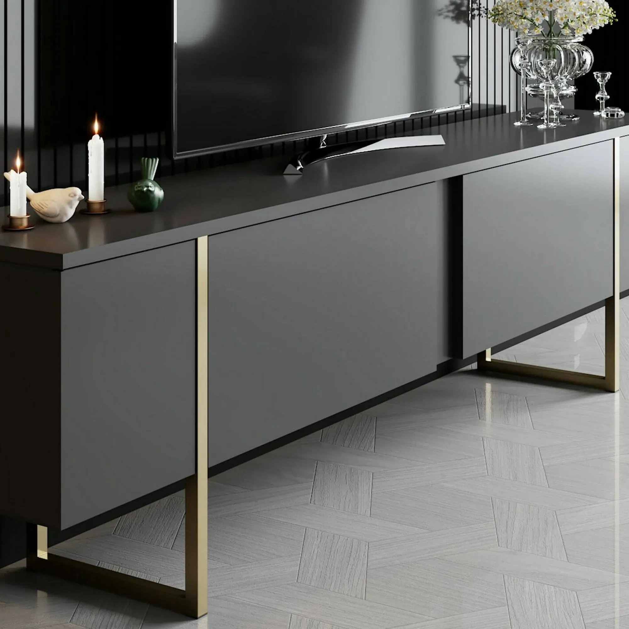 Mobile porta TV Abishia, 180x30h50 cm, Antracite e Oro<Dmora Fashion