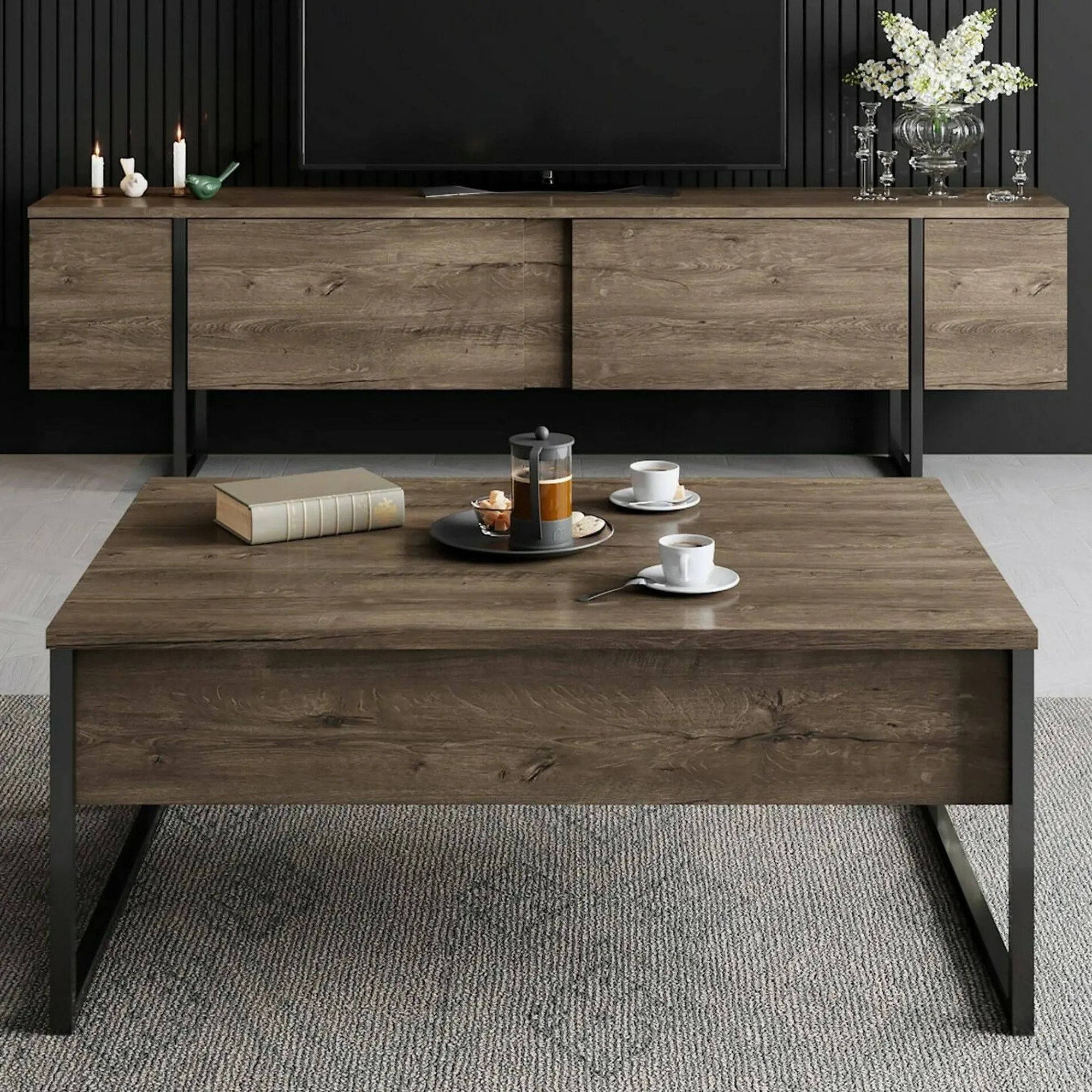 Mobile porta TV Abishia, 180x30h50 cm, Noce e Nero<Dmora Best Sale