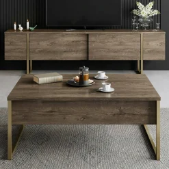 Mobile porta TV Abishia, 180x30h50 cm, Noce e Oro<Dmora Shop