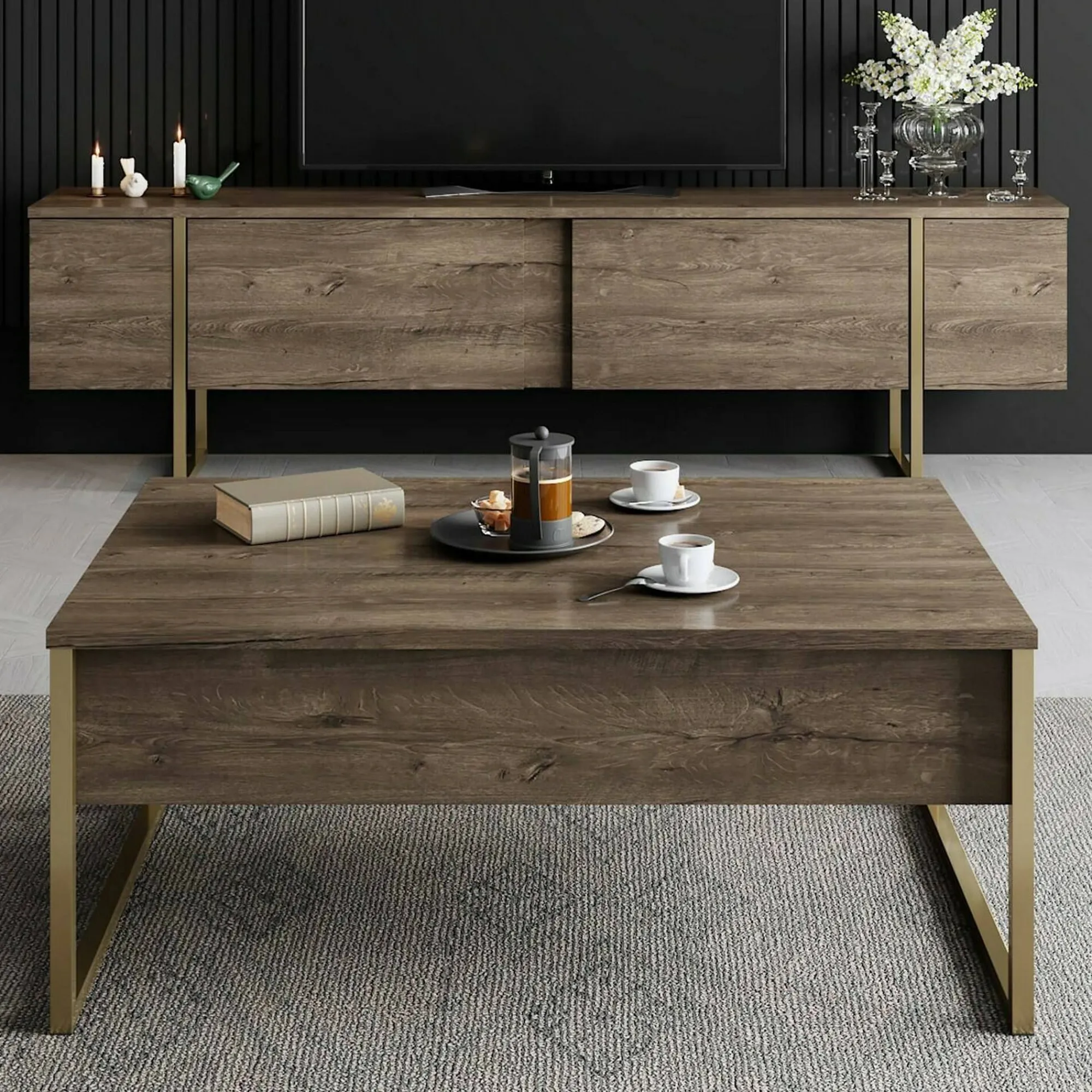 Mobile porta TV Abishia, 180x30h50 cm, Noce e Oro<Dmora Shop