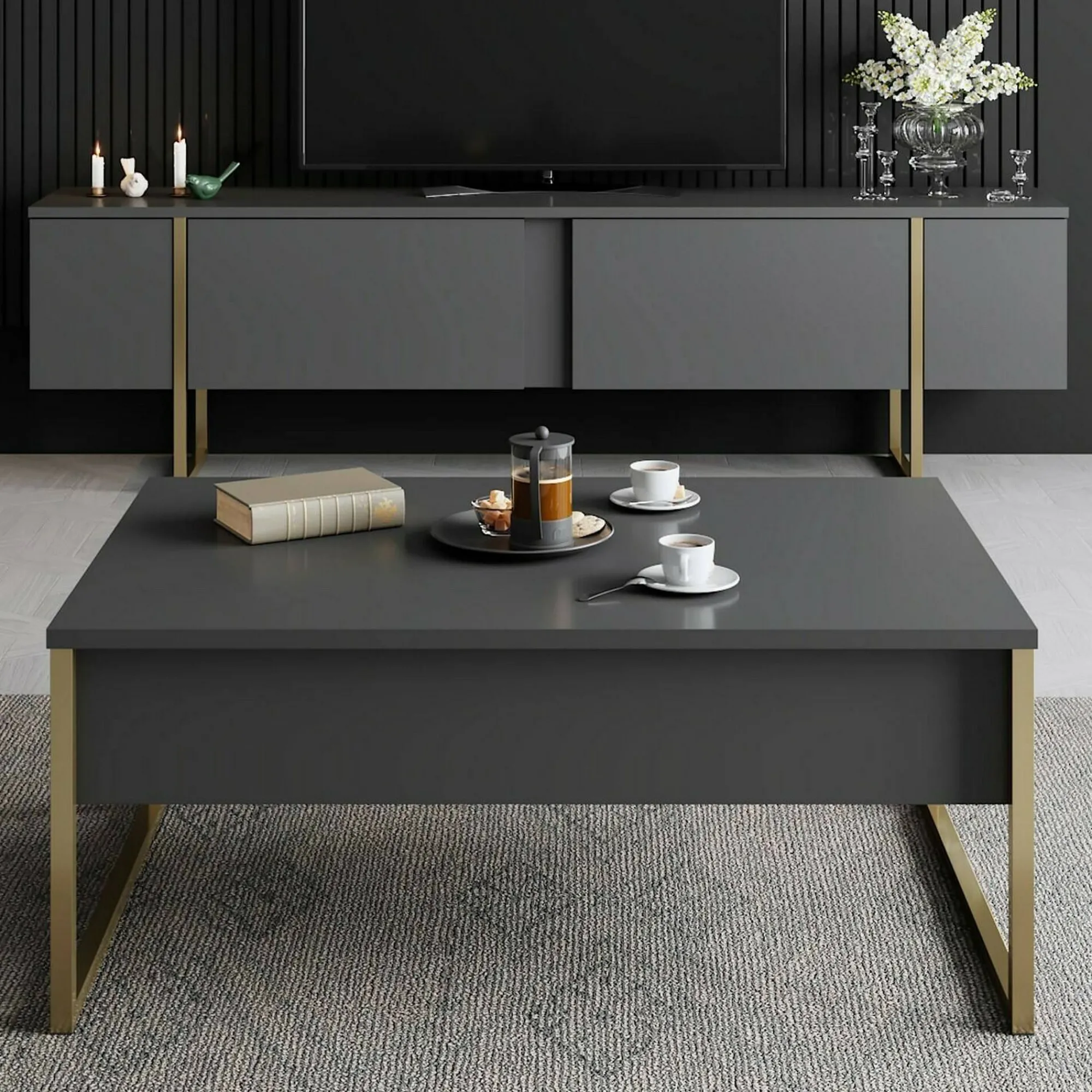 Mobile porta TV Abishia, 180x30h50 cm, Antracite e Oro<Dmora Fashion