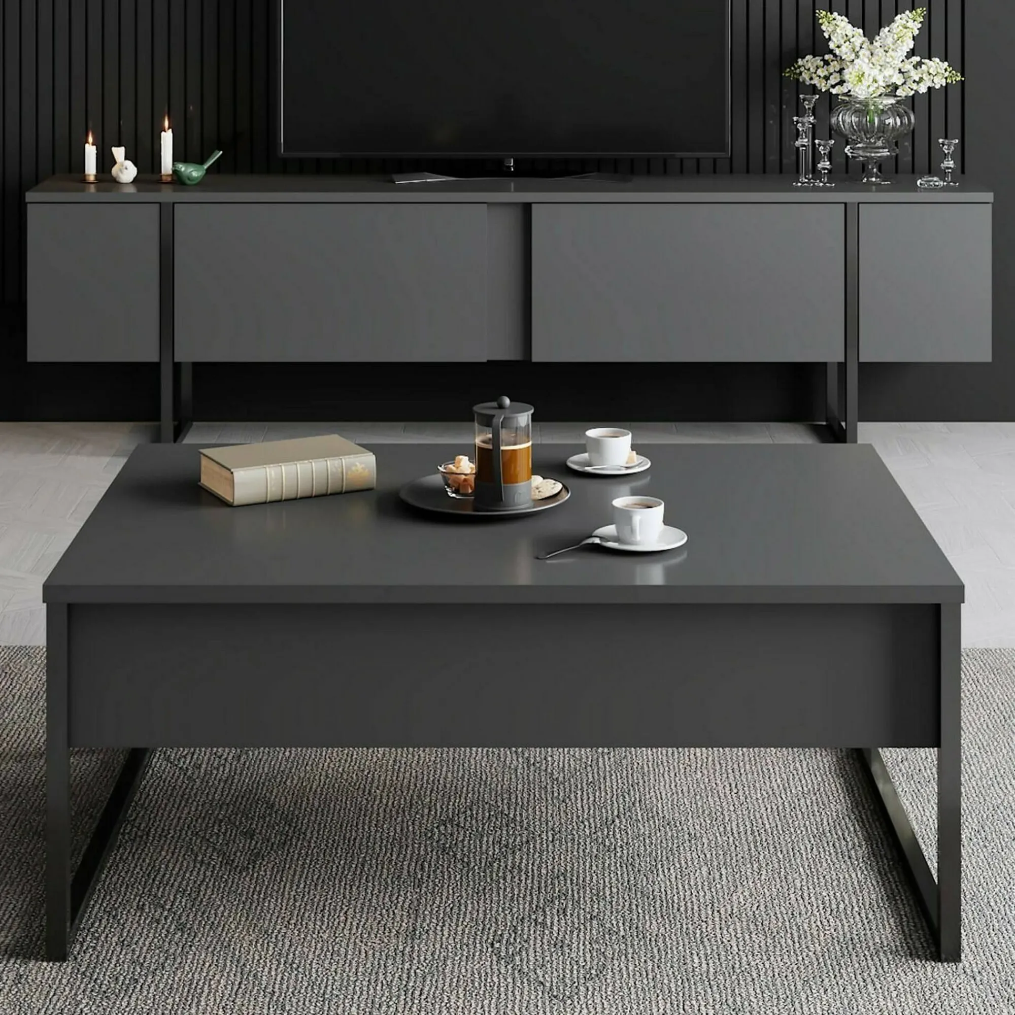 Mobile porta TV Abishia, 180x30h50 cm, Antracite e Nero<Dmora New