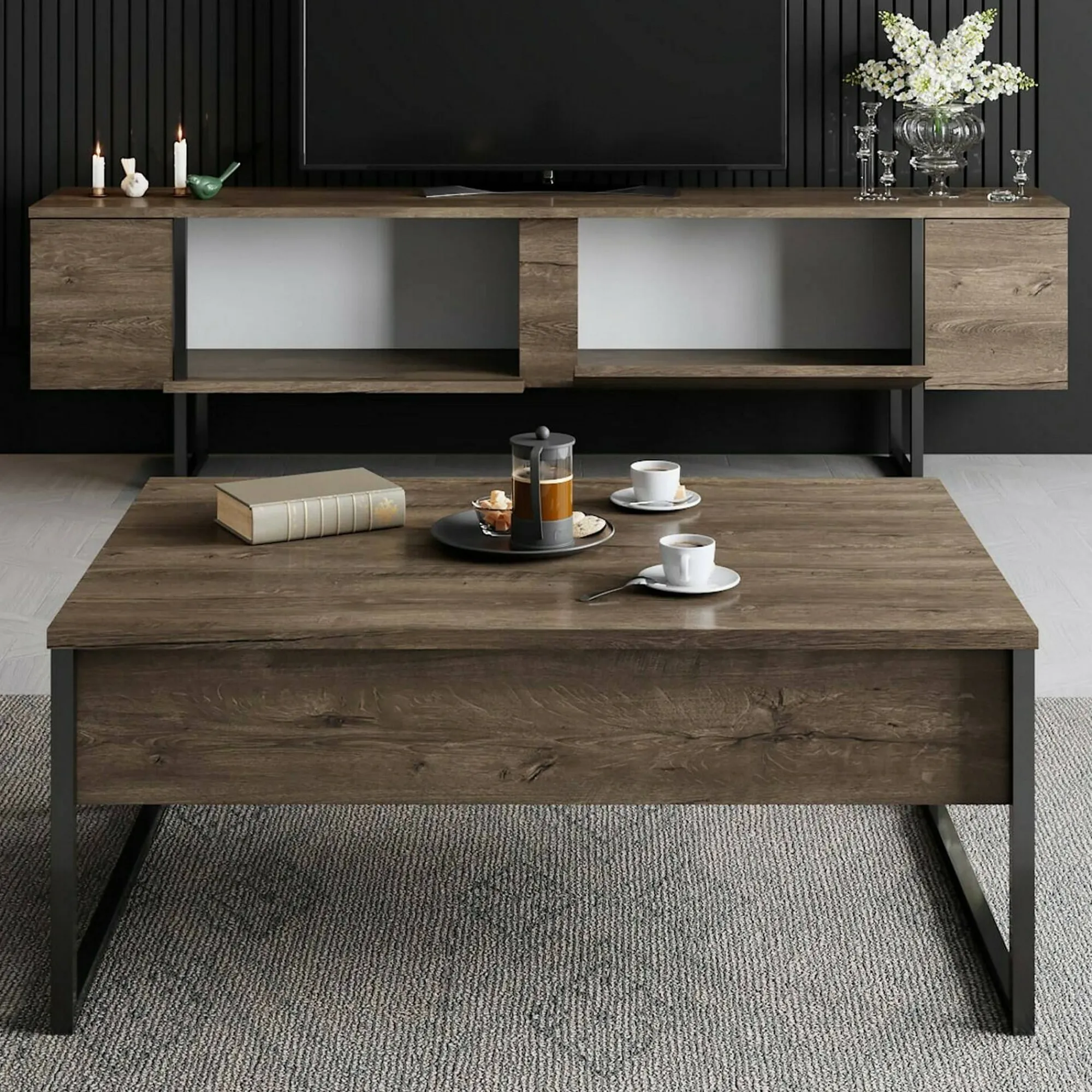 Mobile porta TV Abishia, 180x30h50 cm, Noce e Nero<Dmora Best Sale