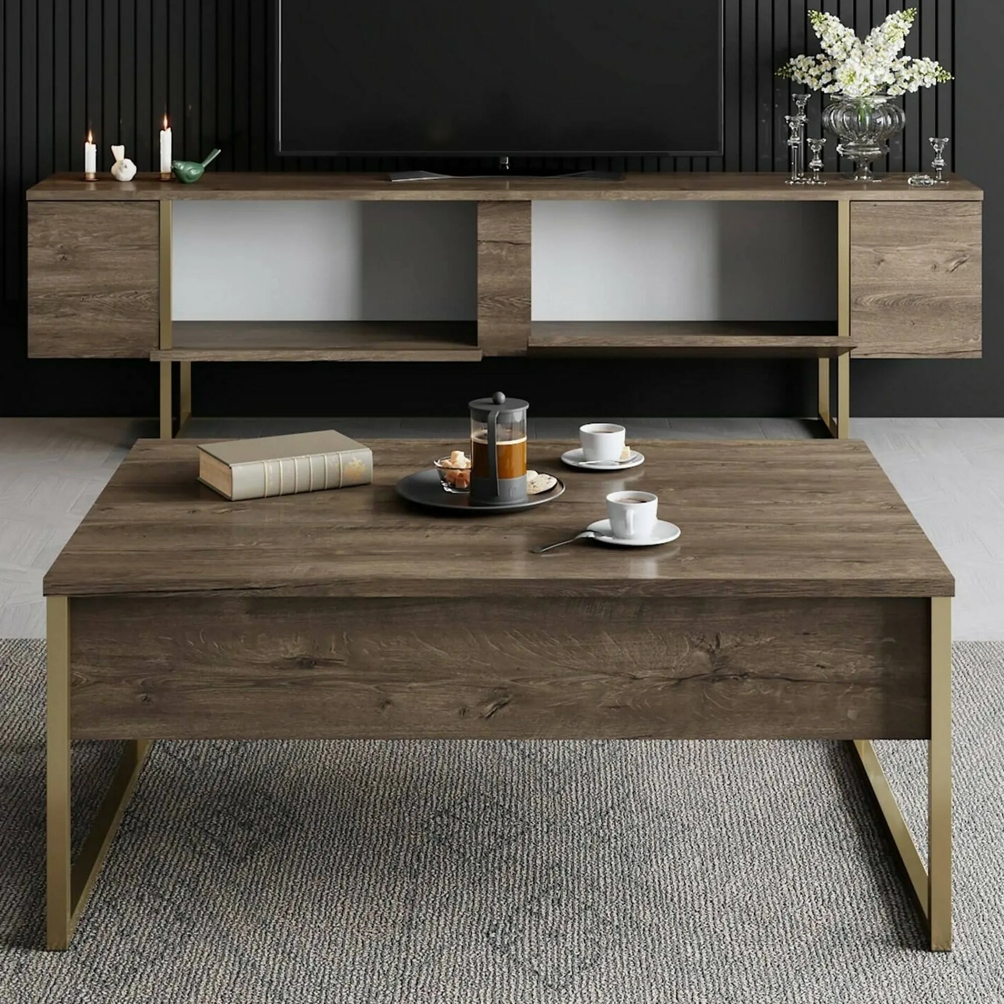 Mobile porta TV Abishia, 180x30h50 cm, Noce e Oro<Dmora Shop