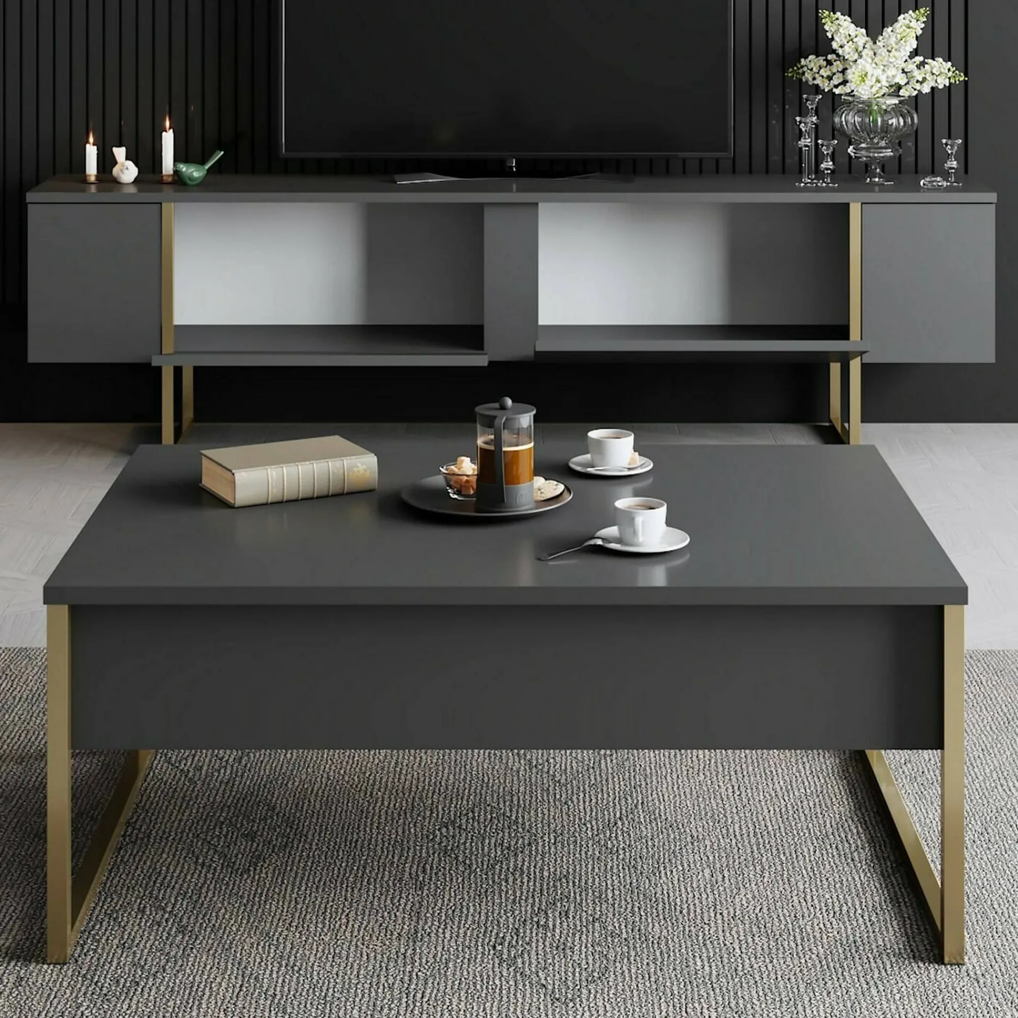Mobile porta TV Abishia, 180x30h50 cm, Antracite e Oro<Dmora Fashion