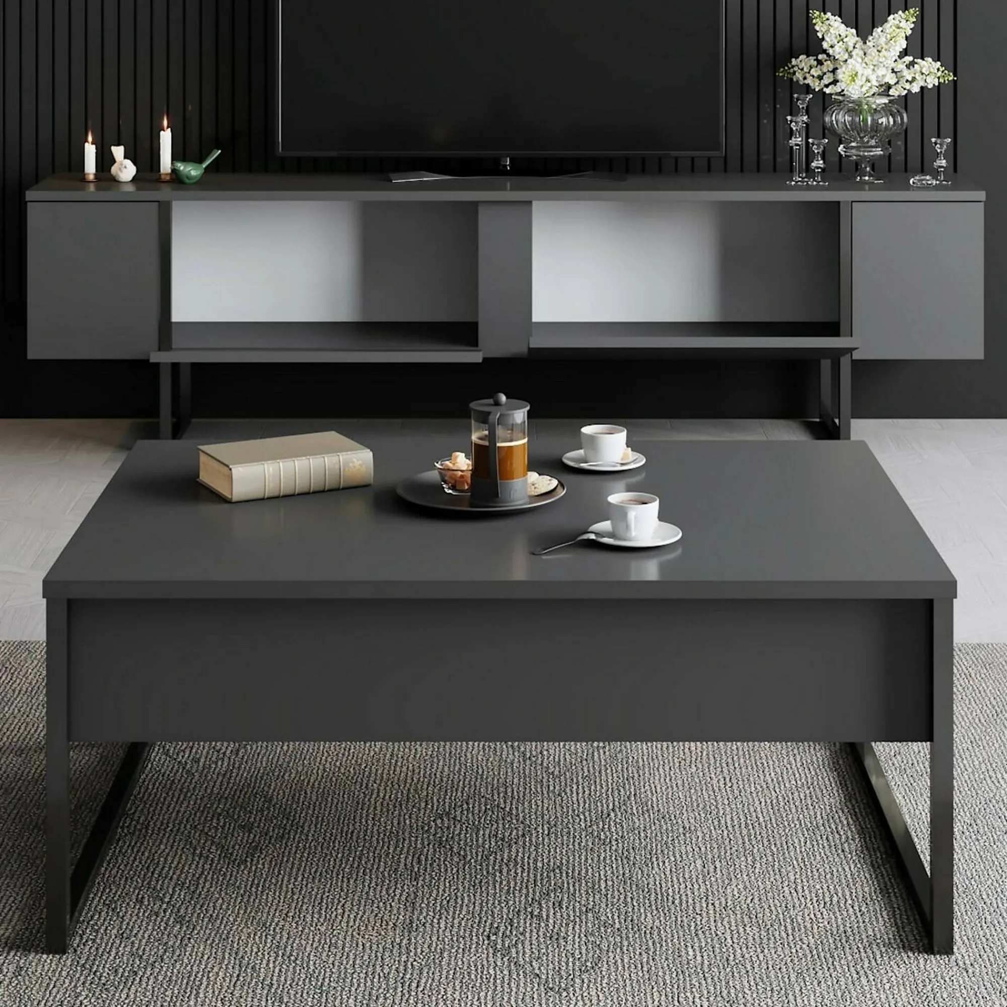 Mobile porta TV Abishia, 180x30h50 cm, Antracite e Nero<Dmora New
