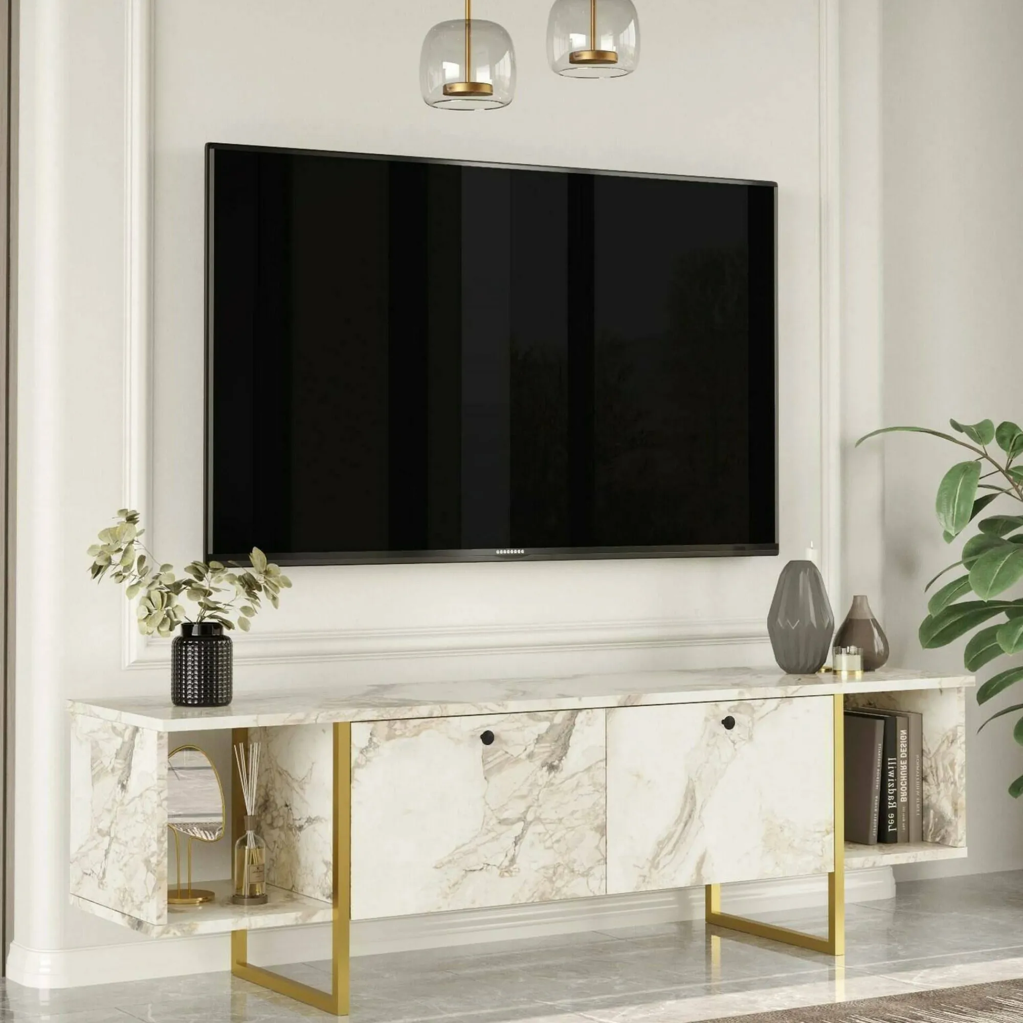 Mobile porta TV Adalberta, 160x40h48 cm, Bianco e Oro<Dmora Best